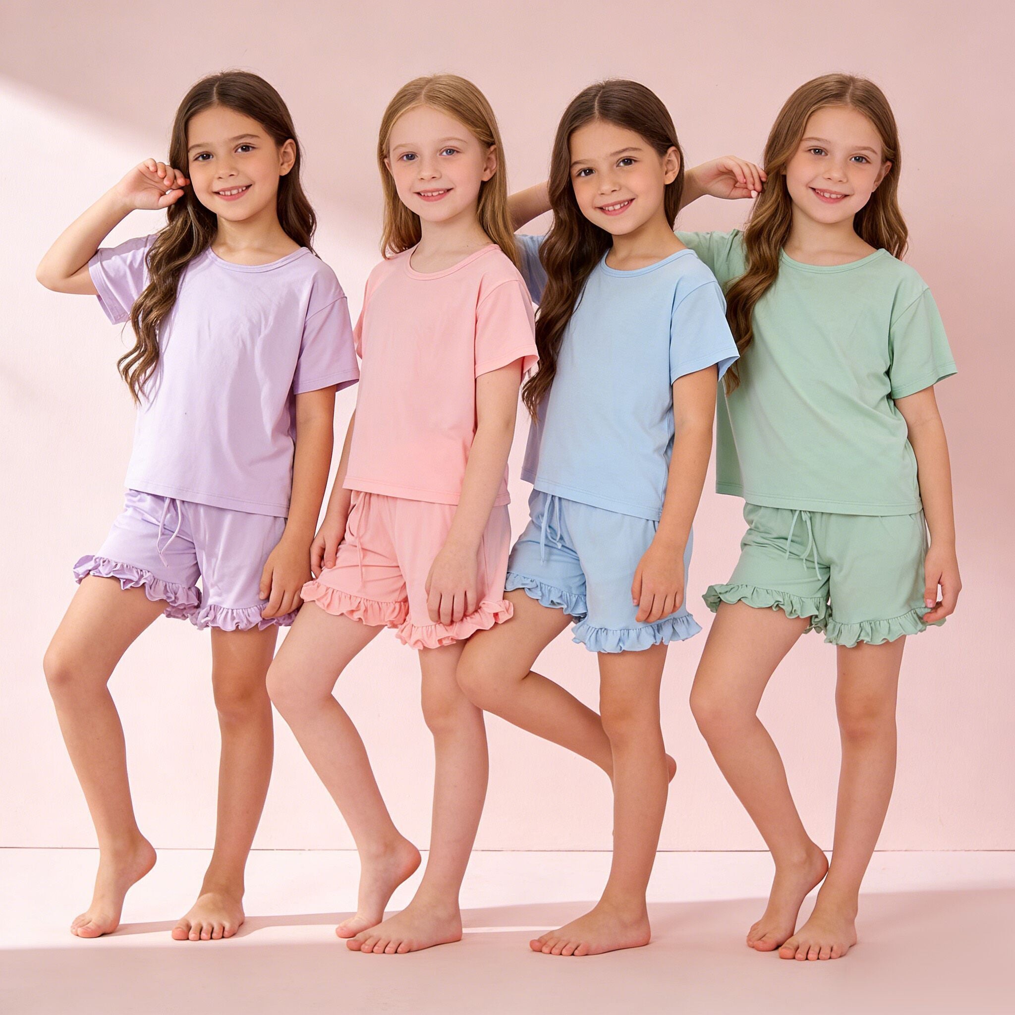 （In Production）Girls Spring&Summer Solid Color Ruffle Short Set