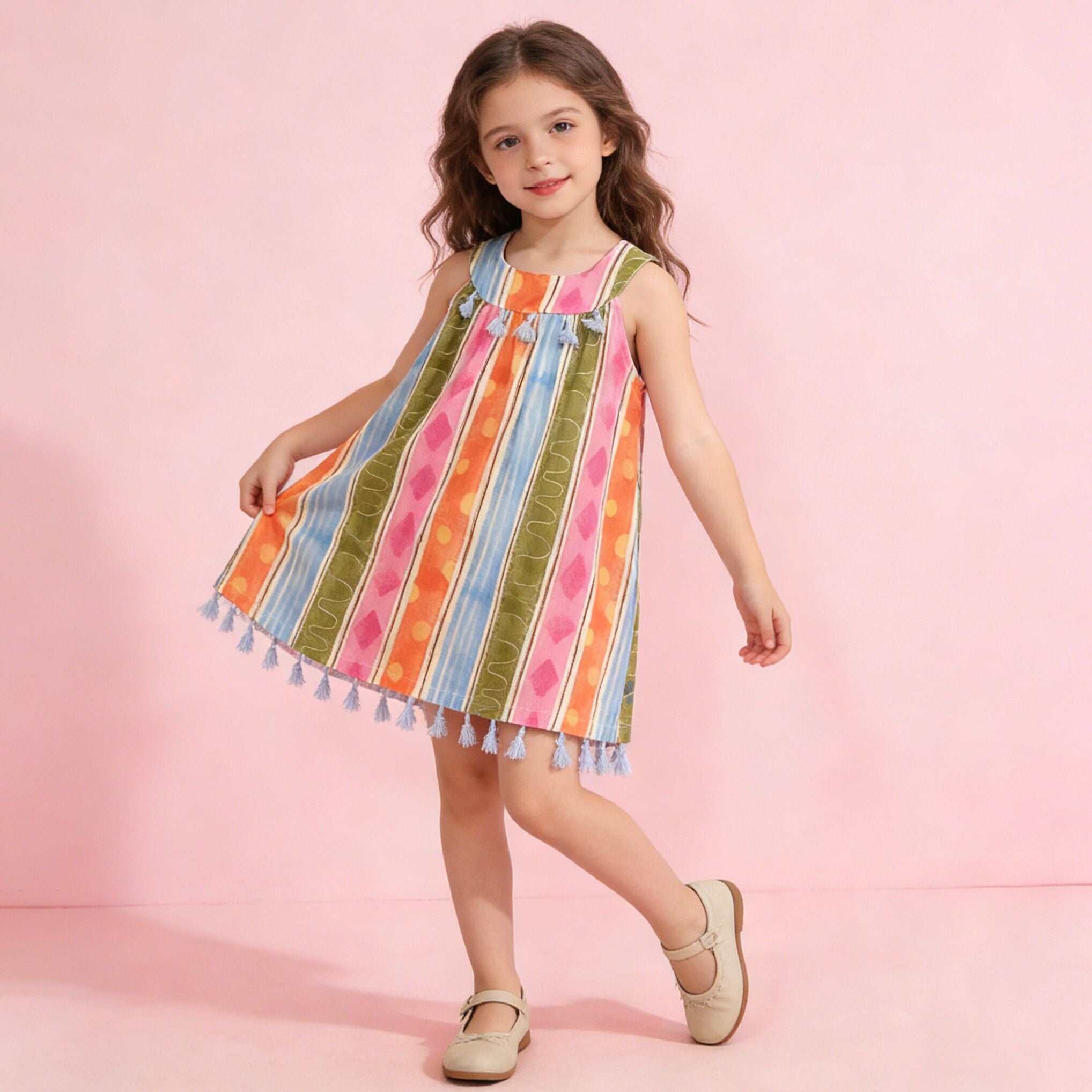 （In Production）Girls Spring&Summer Striped Fringed Dress