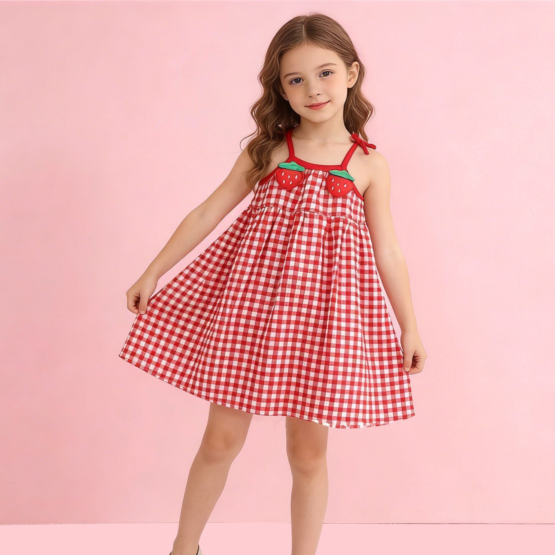 （In Production）Girls Spring&Summer Strawberry Plaid Slip Dress