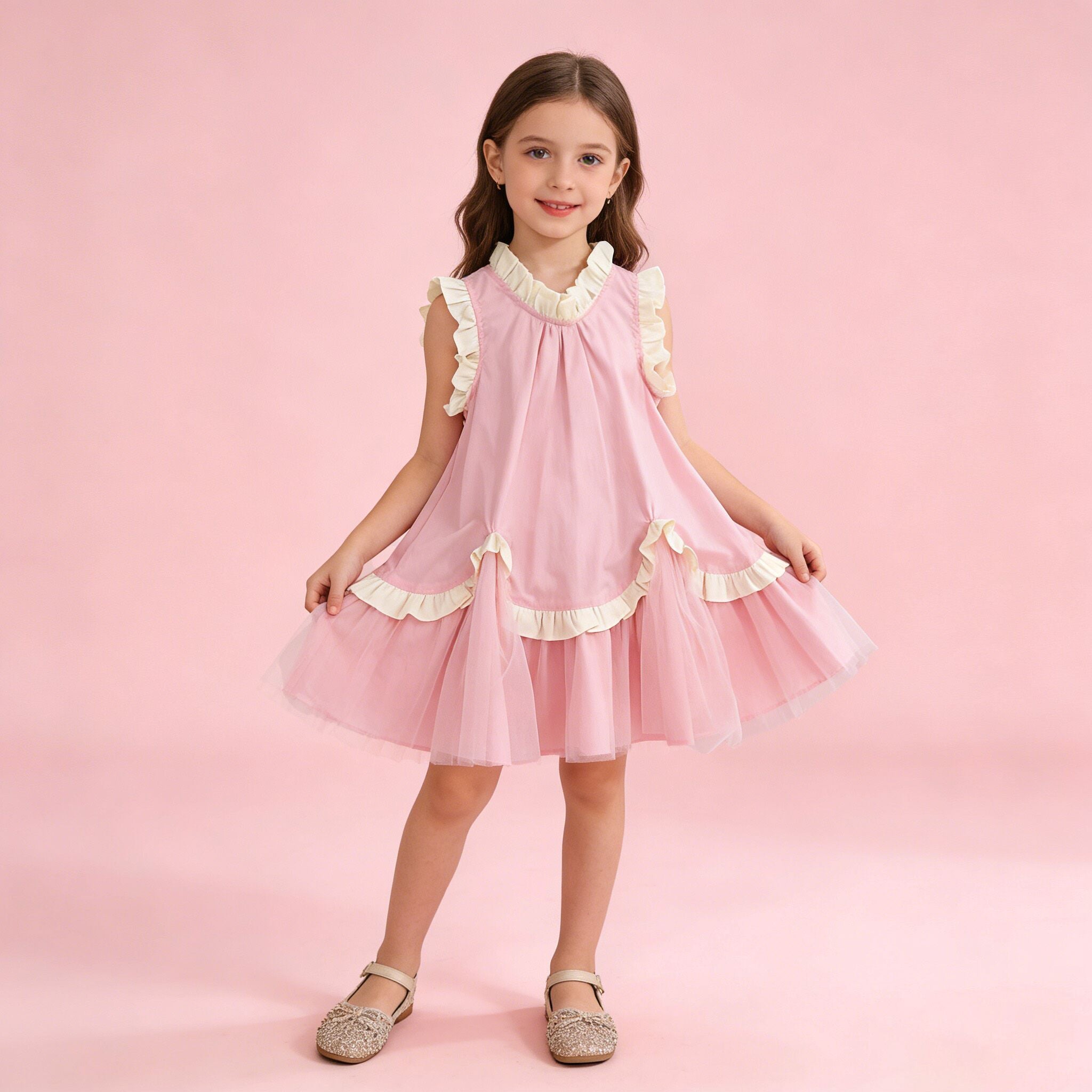 （In Production）Girls Spring&Summer Pink Ruffle Gauzy Dress