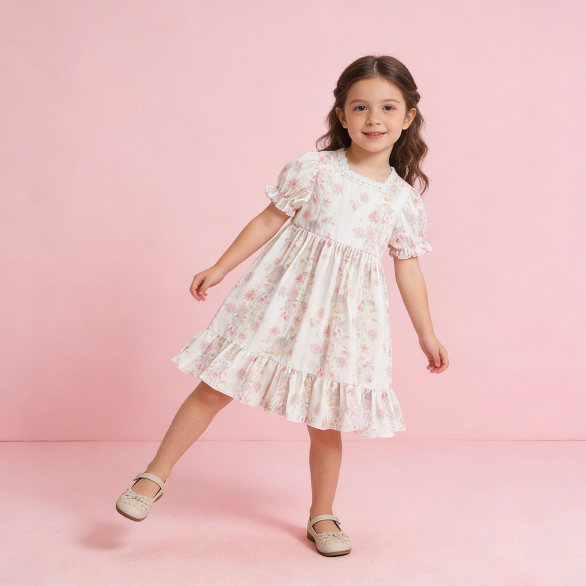 （In Production）Girls Spring&Summer Floral Print Ruffle Dress