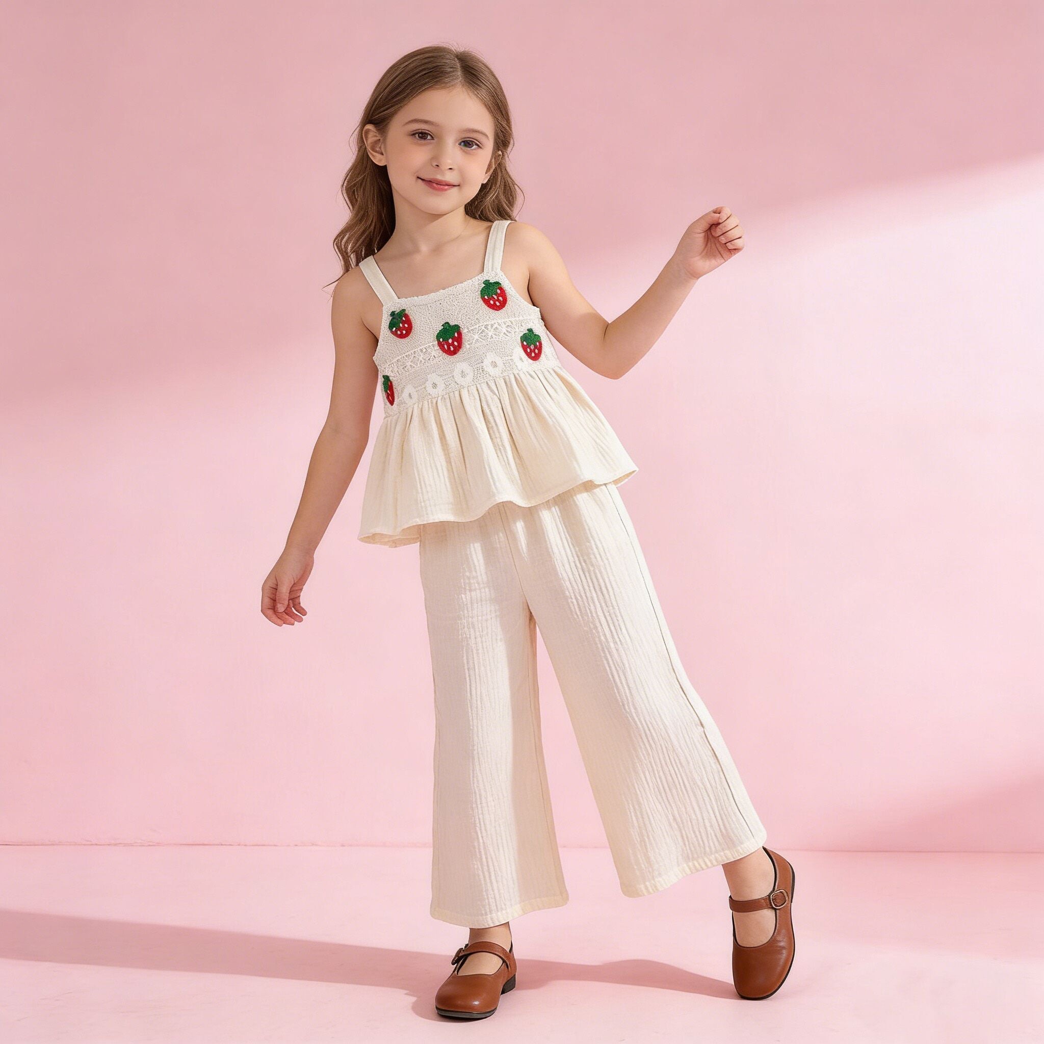 （In Production）Girls Spring&Summer Strawberry Embroidery Outfit Set