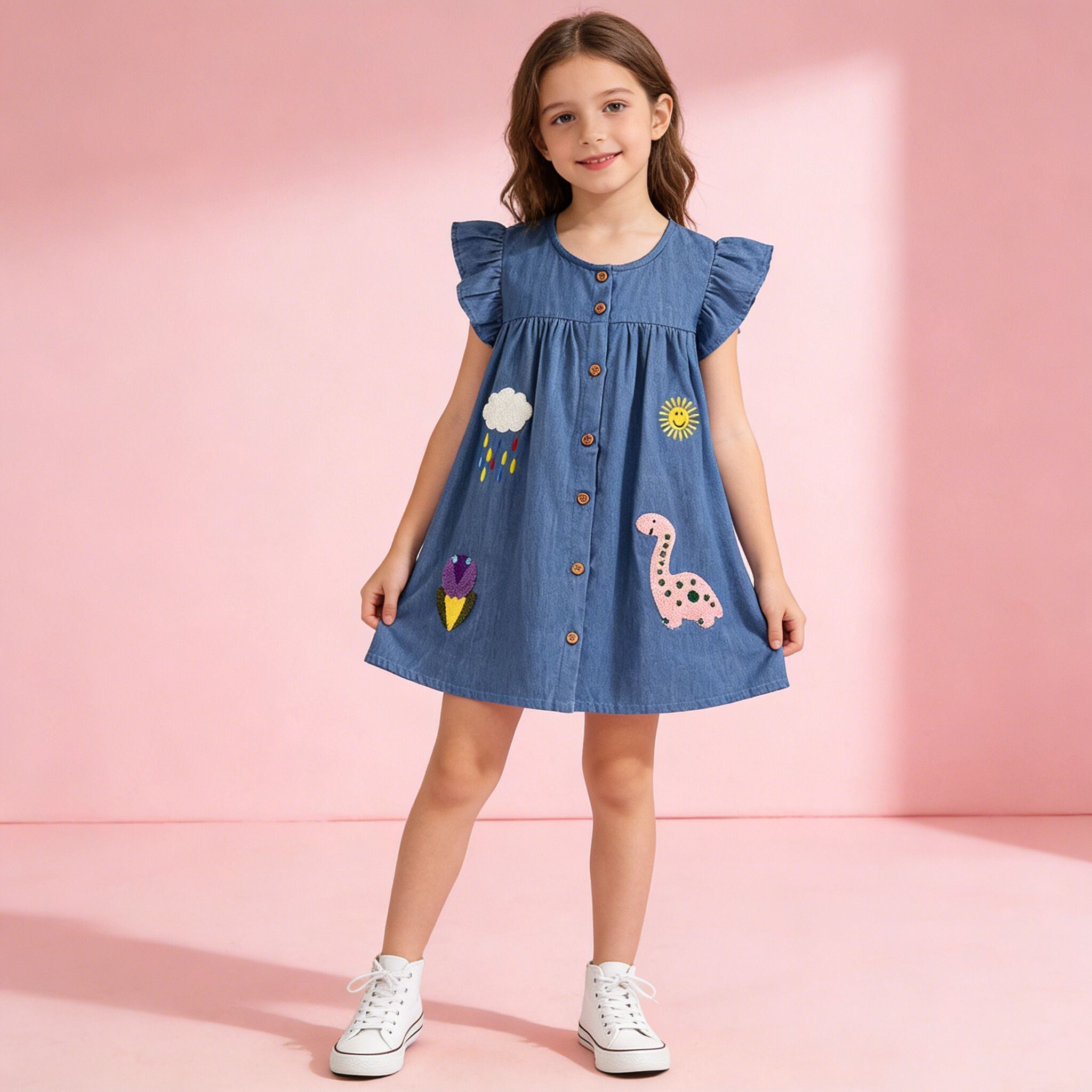 （In Production）Girls Spring&Summer Dino Chenille Patches Denim Dress
