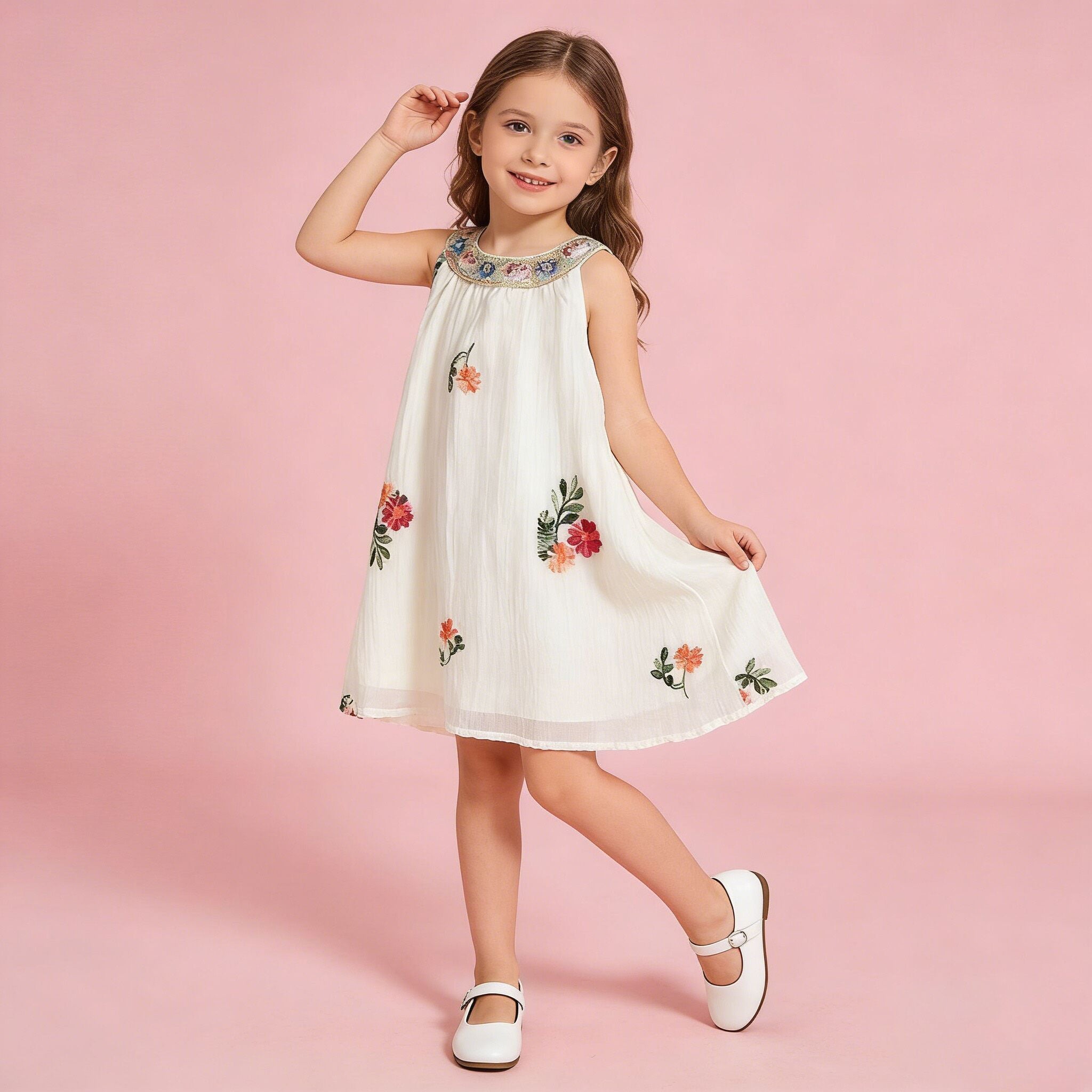 （In Production）Girls Spring&Summer Floral Embroidery Dress