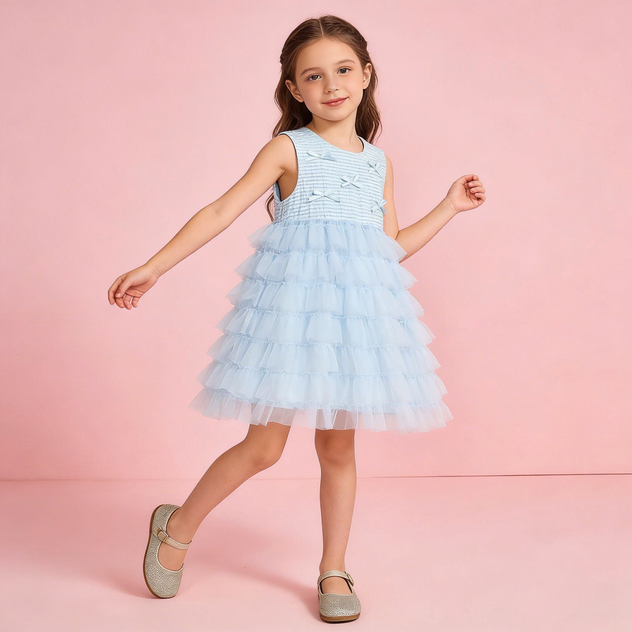 （In Production）Girls Spring&Summer Baby Blue Bow Tulle Dress