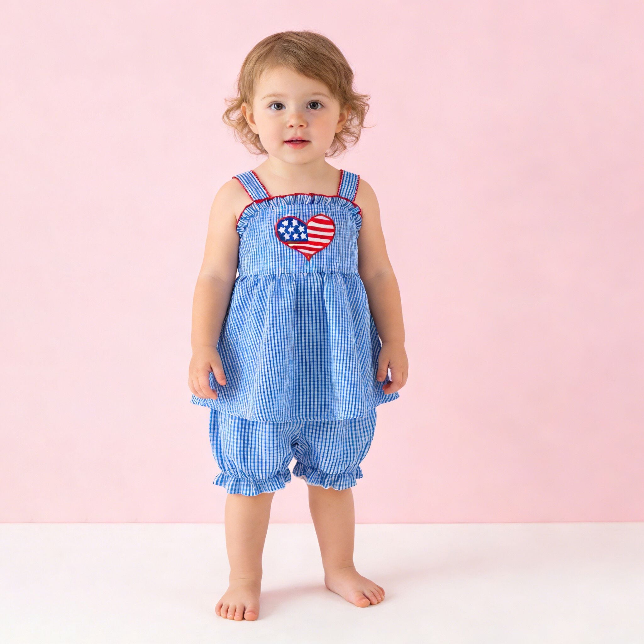 （In Stock）Sisters Patriotic Applique Cotton Dress&Bloomer Set