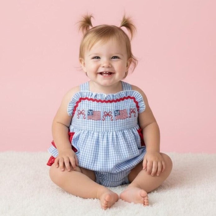 （In Stock）Toddler Girls Patriotic Embroidery Cotton Romper