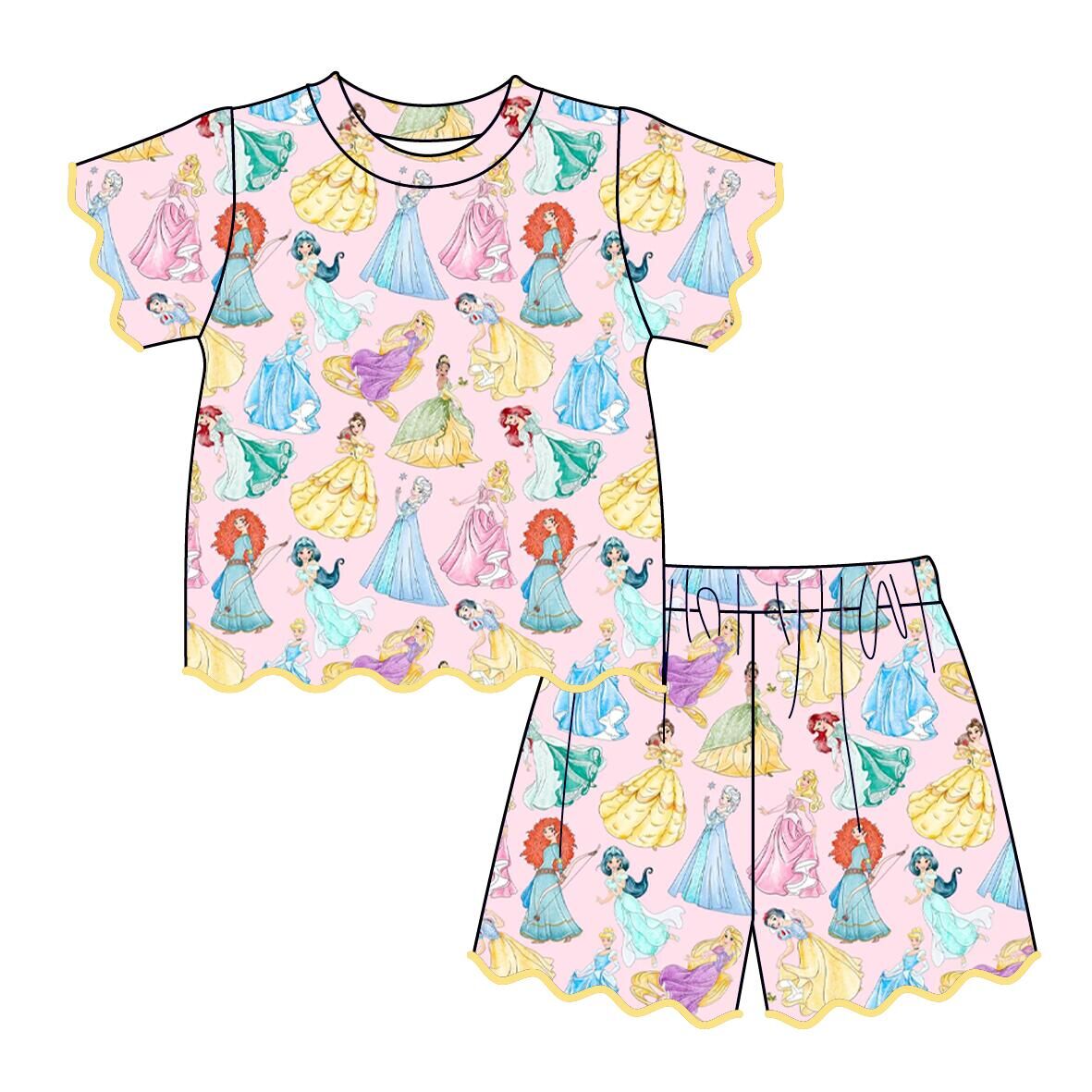 （Pre Order）Girls Spring & Summer Princess,Cartoon Print Skort Dress&Scallop Shorts Set