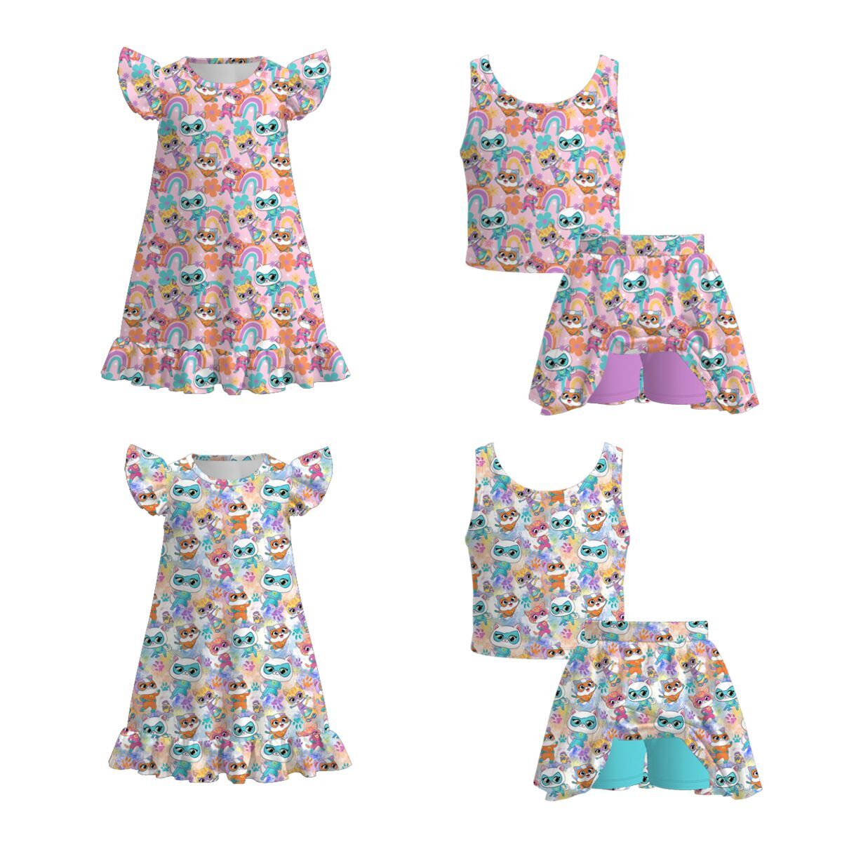 （Pre Order）Girls Spring&Summer Cartoon Kitty Print Pajamas Dress&Set