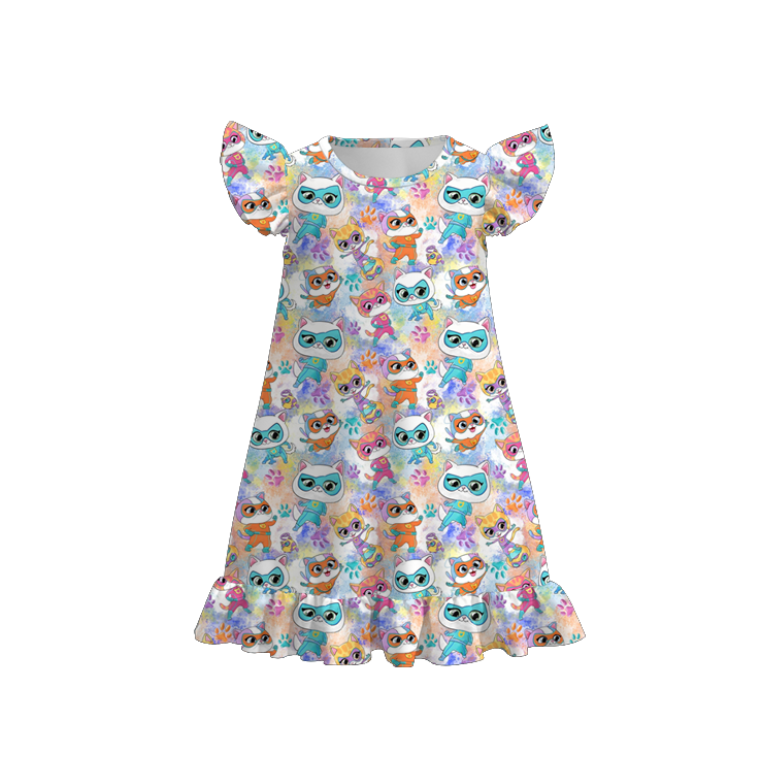 （Pre Order）Girls Spring&Summer Cartoon Kitty Print Pajamas Dress&Set