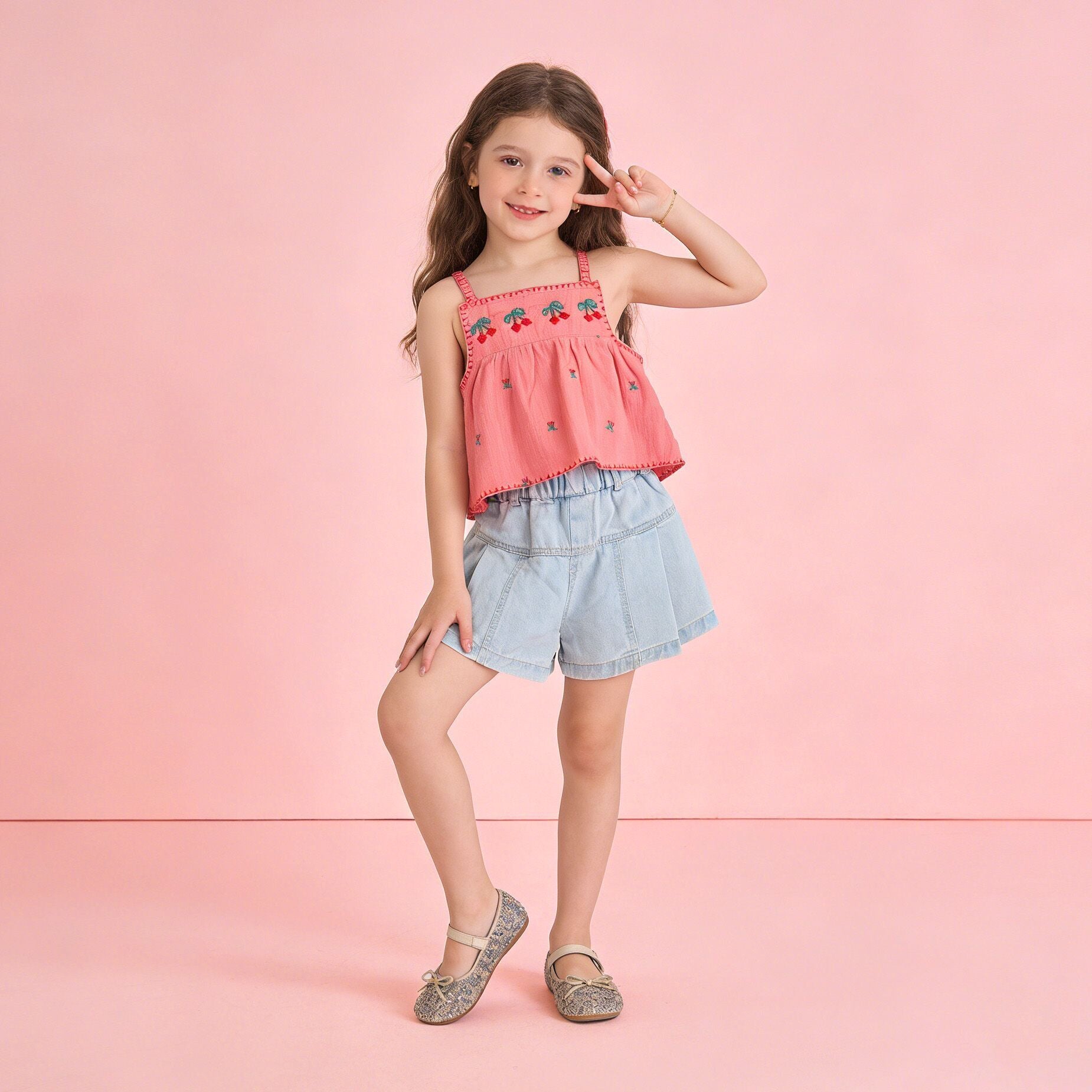 （In Production）Girls Spring&Summer Cherry Embroidery Denim Shorts Set