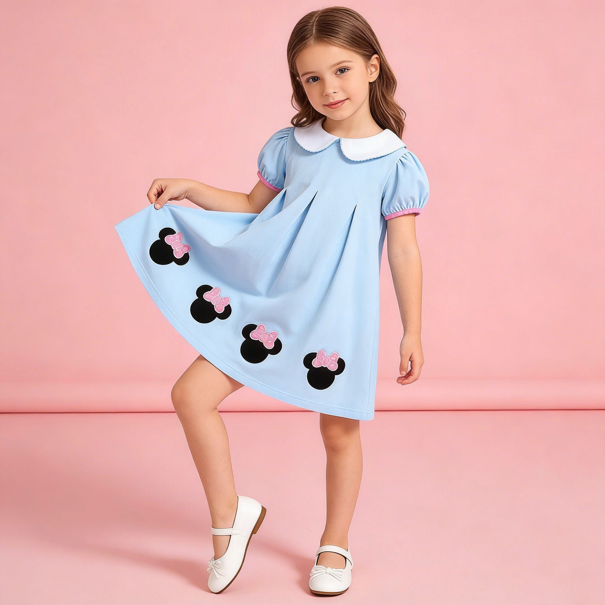 （In Stock）Girls Spring&Summer Blue Minnie Applique Dress