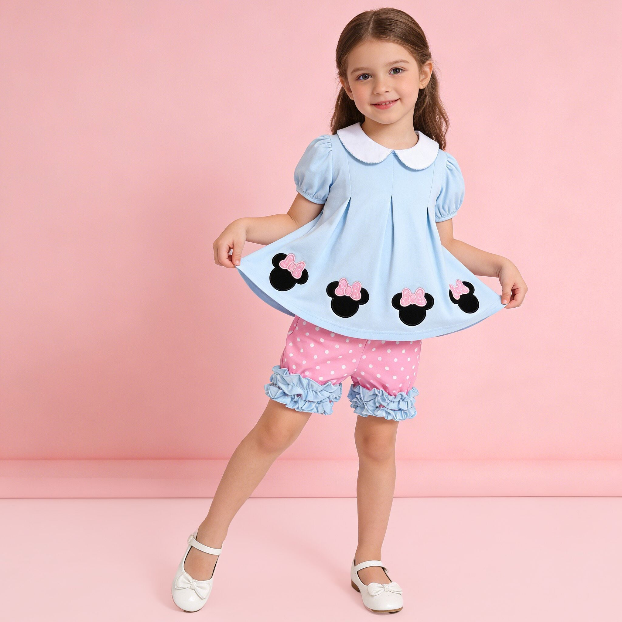 （In Stock）Girls Spring&Summer Blue Minnie Applique Pink Shorts Set
