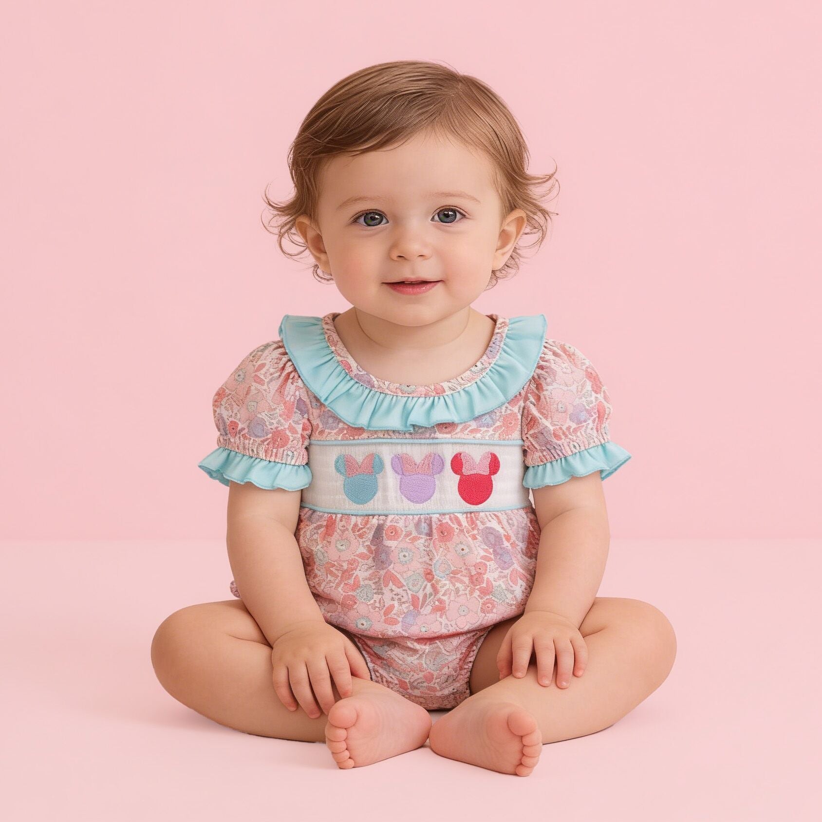 (In Stock)Baby Girls Cartoon Embroidery Puff Sleeve Romper