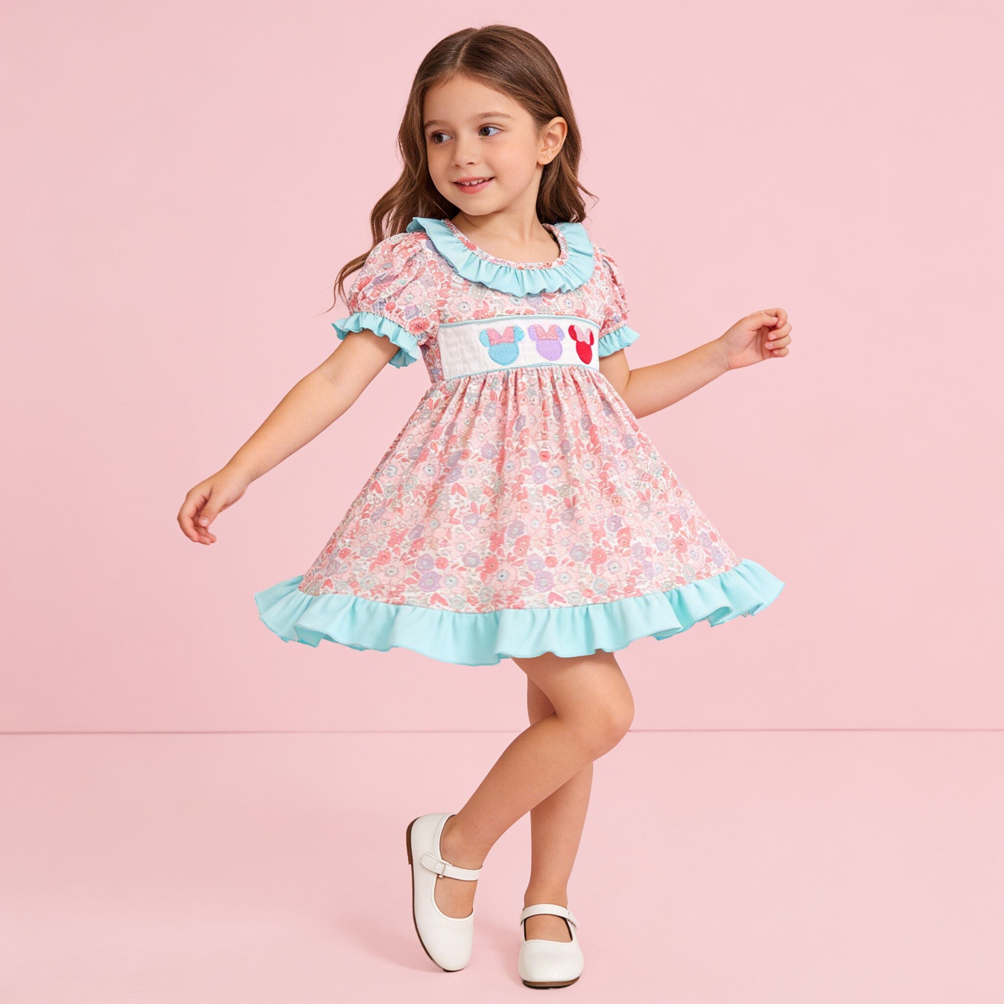 (In Stock)Girls Cartoon Embroidery Puff Sleeve Dress