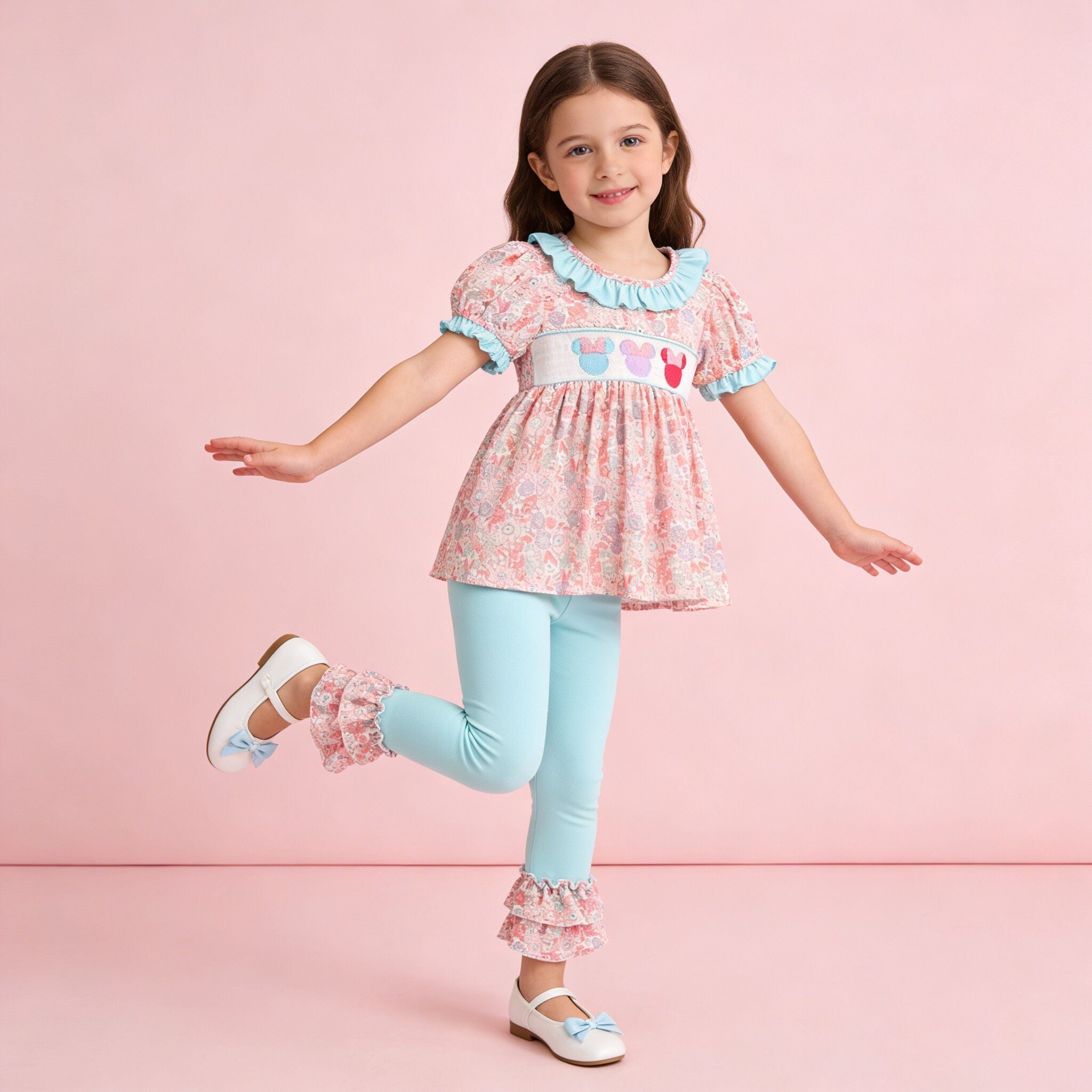 (In Stock)Girls Cartoon Embroidery Puff Sleeve Outfit Set