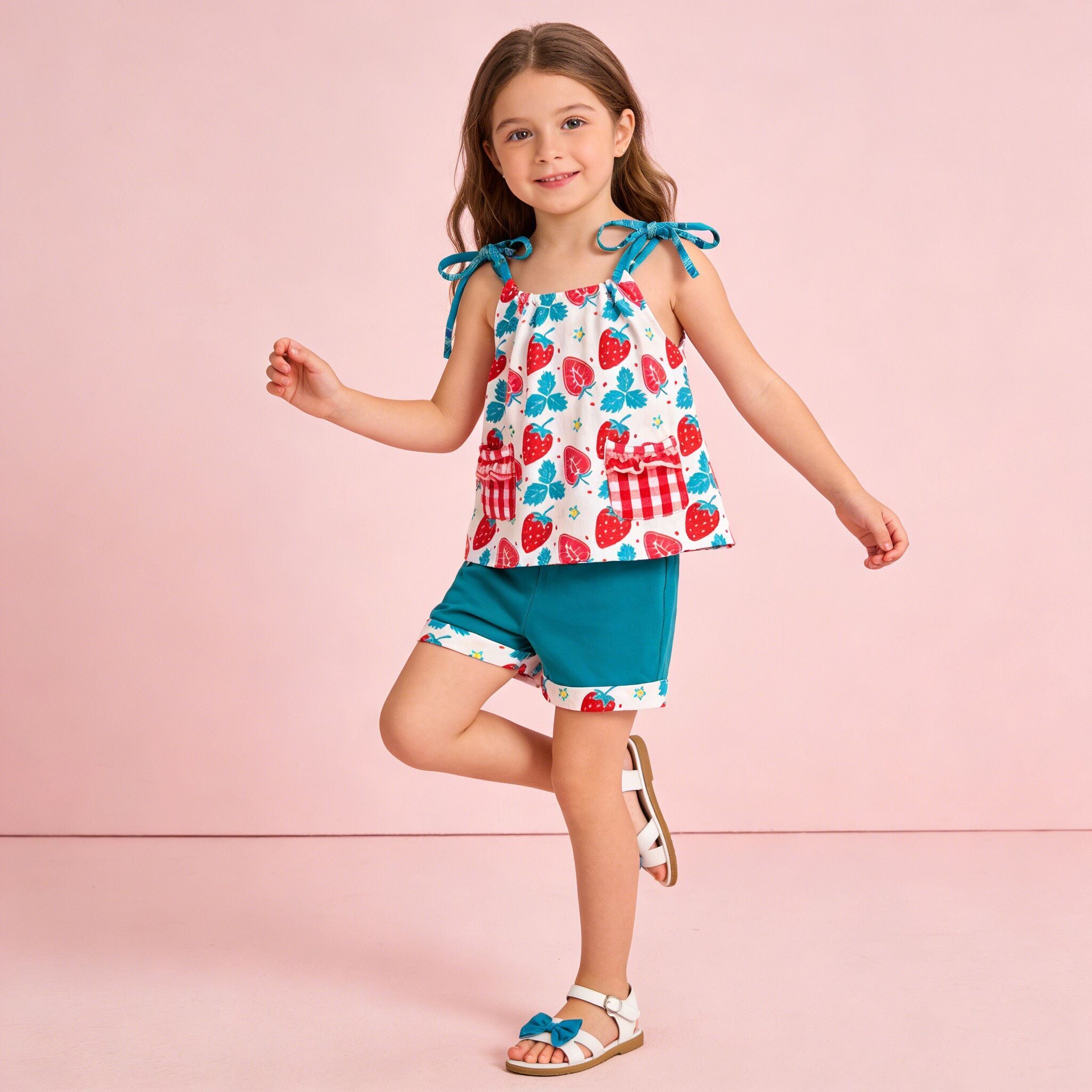 （In Stock）Girls Strawberry Print Short Set