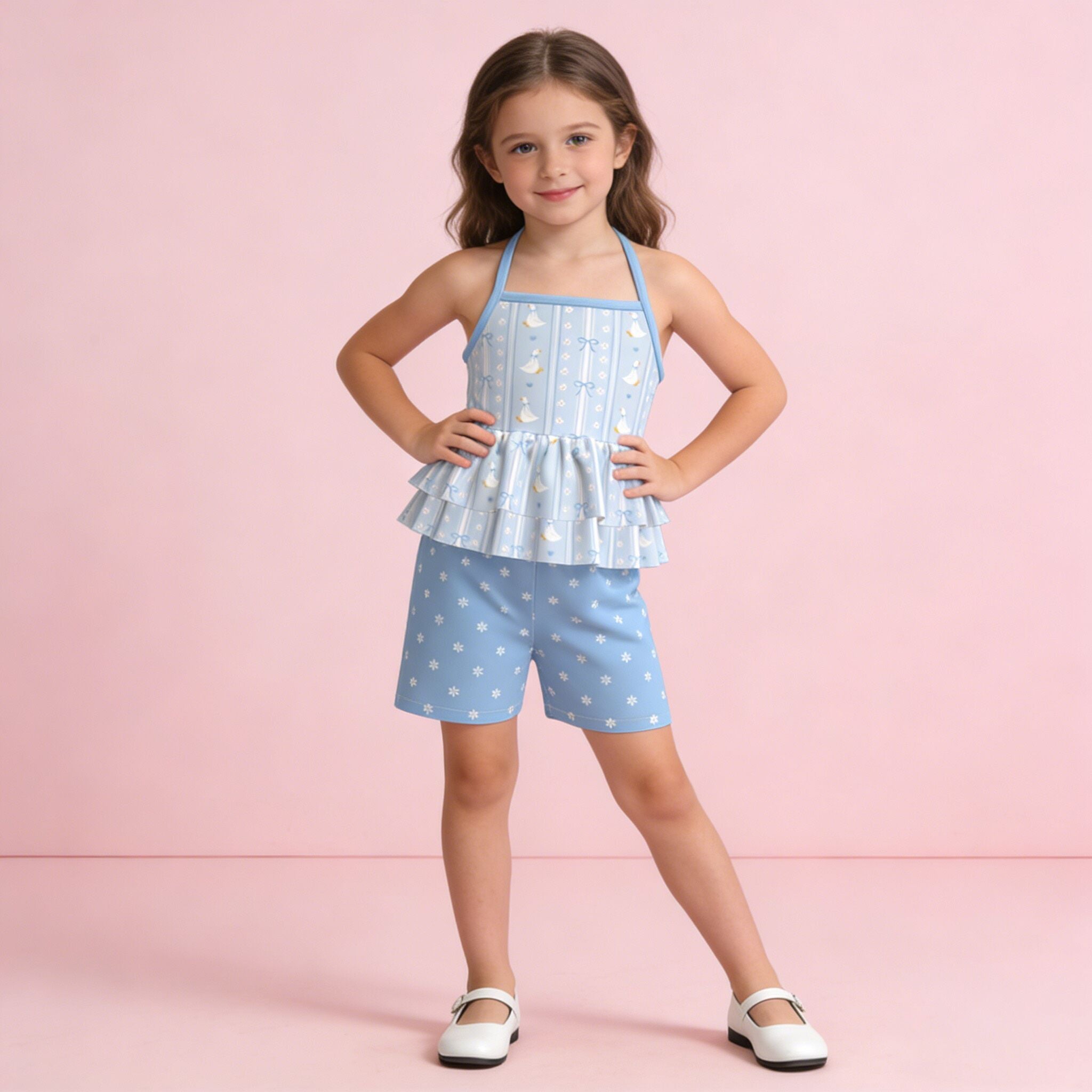 （Pre Order,Prepack Zone）Girls Goose Print Shorts Set（Mix Size）