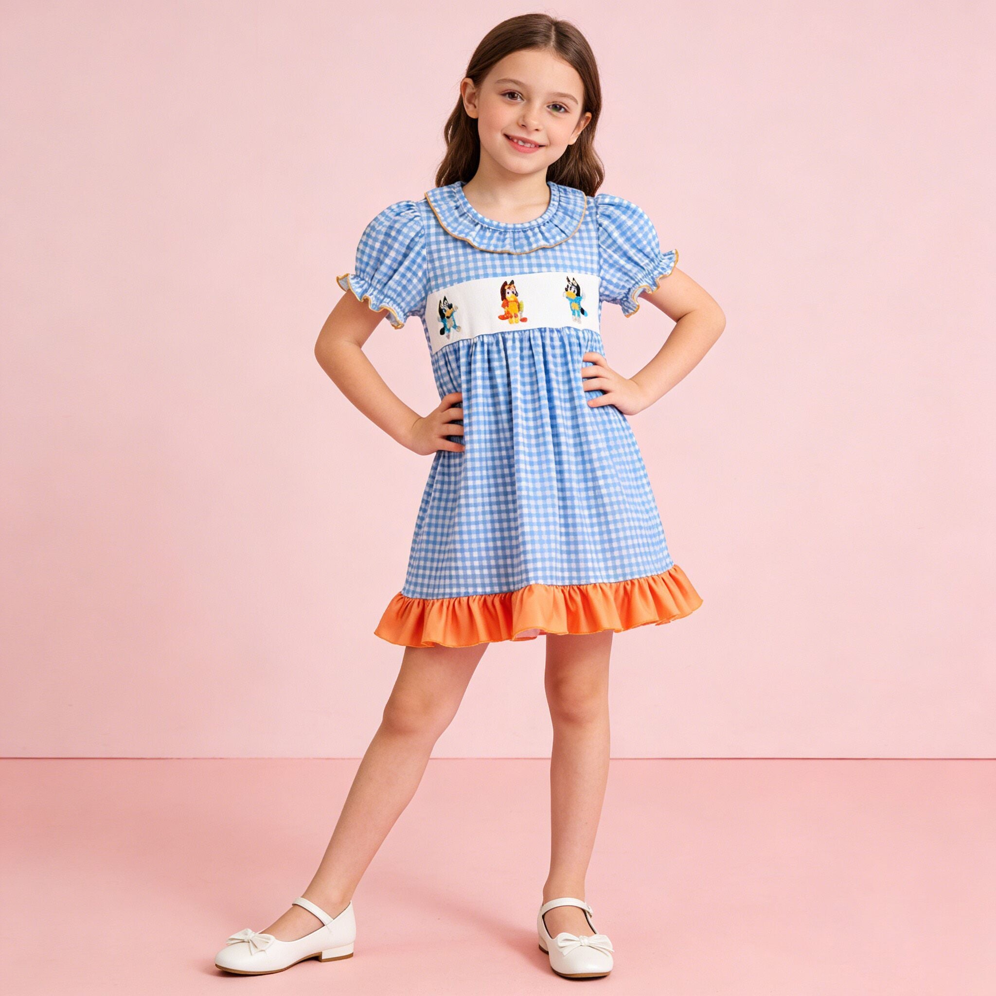 （In Stock）Girls Spring&Summer Cartoon Embroidery Dress
