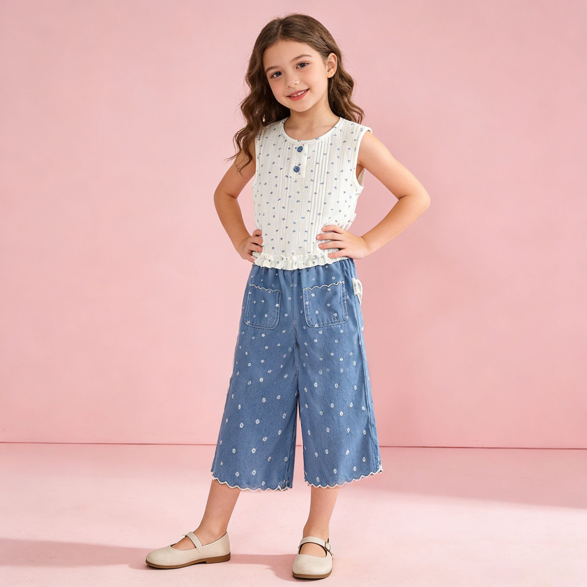 （In Production）Girls Spring&Summer Floral Print Denim Set