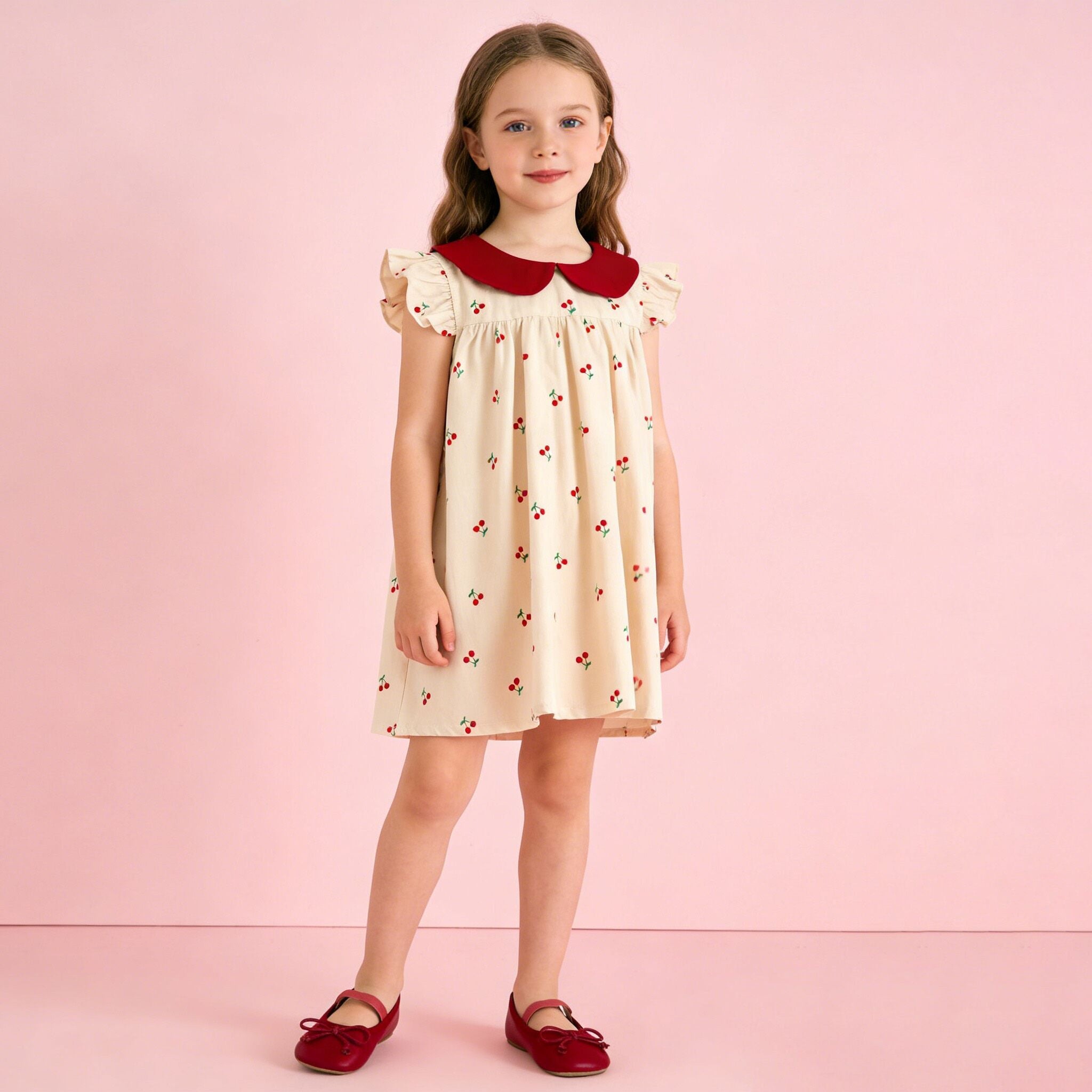 （In Production）Girls Spring&Summer Cherry Print Flying Sleeves Dress