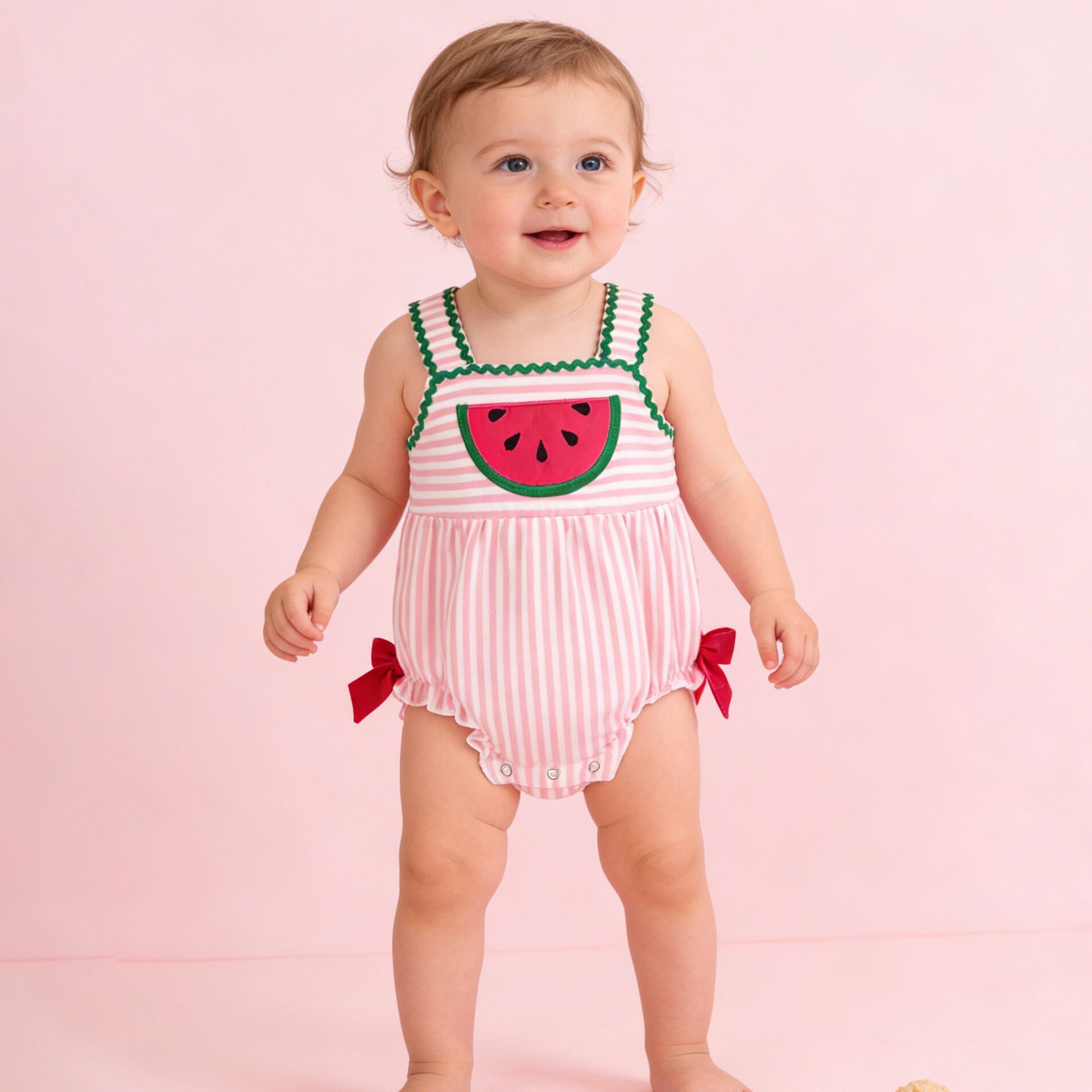 （In Stock）Toddler Girls Summer Watermelon Applique Cotton Romper
