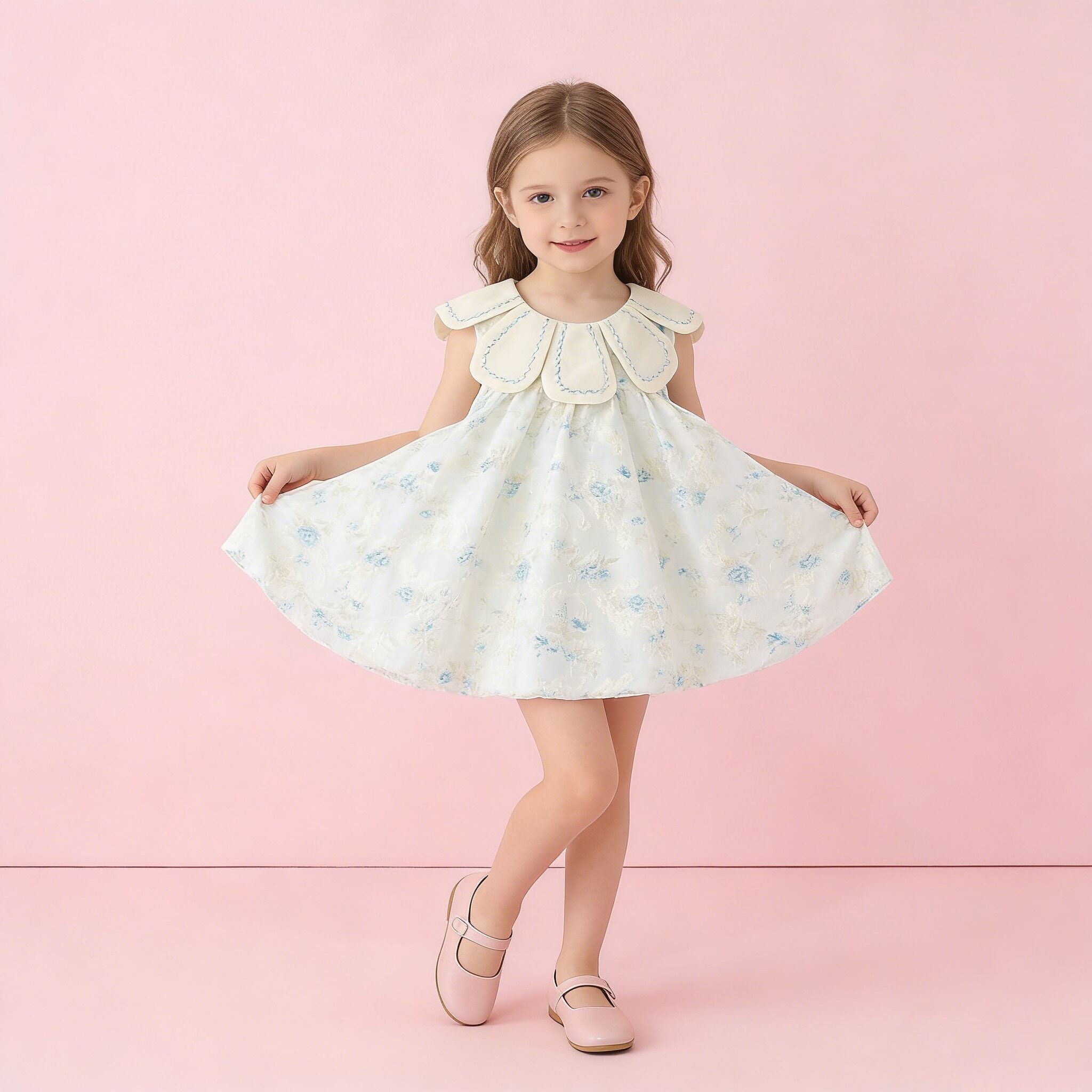 （In Production）Girls Spring&Summer Floral Embroidery Petal Collar Dress