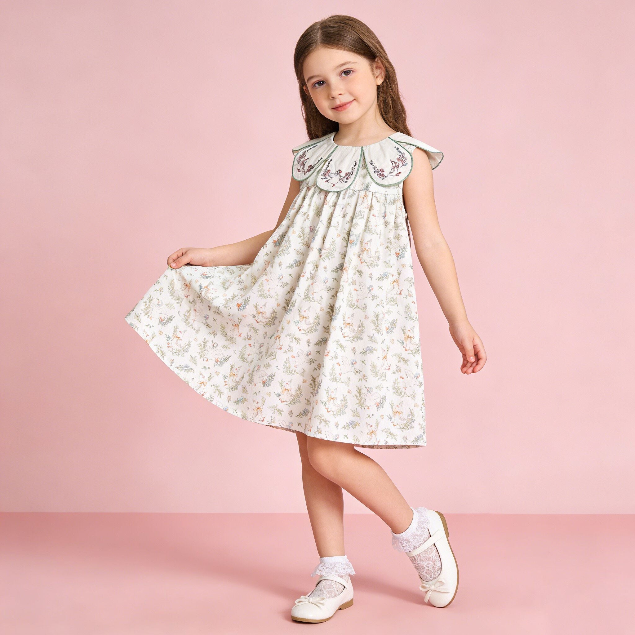 （In Production）Girls Spring&Summer Goose Embroidery Petal Collar Dress