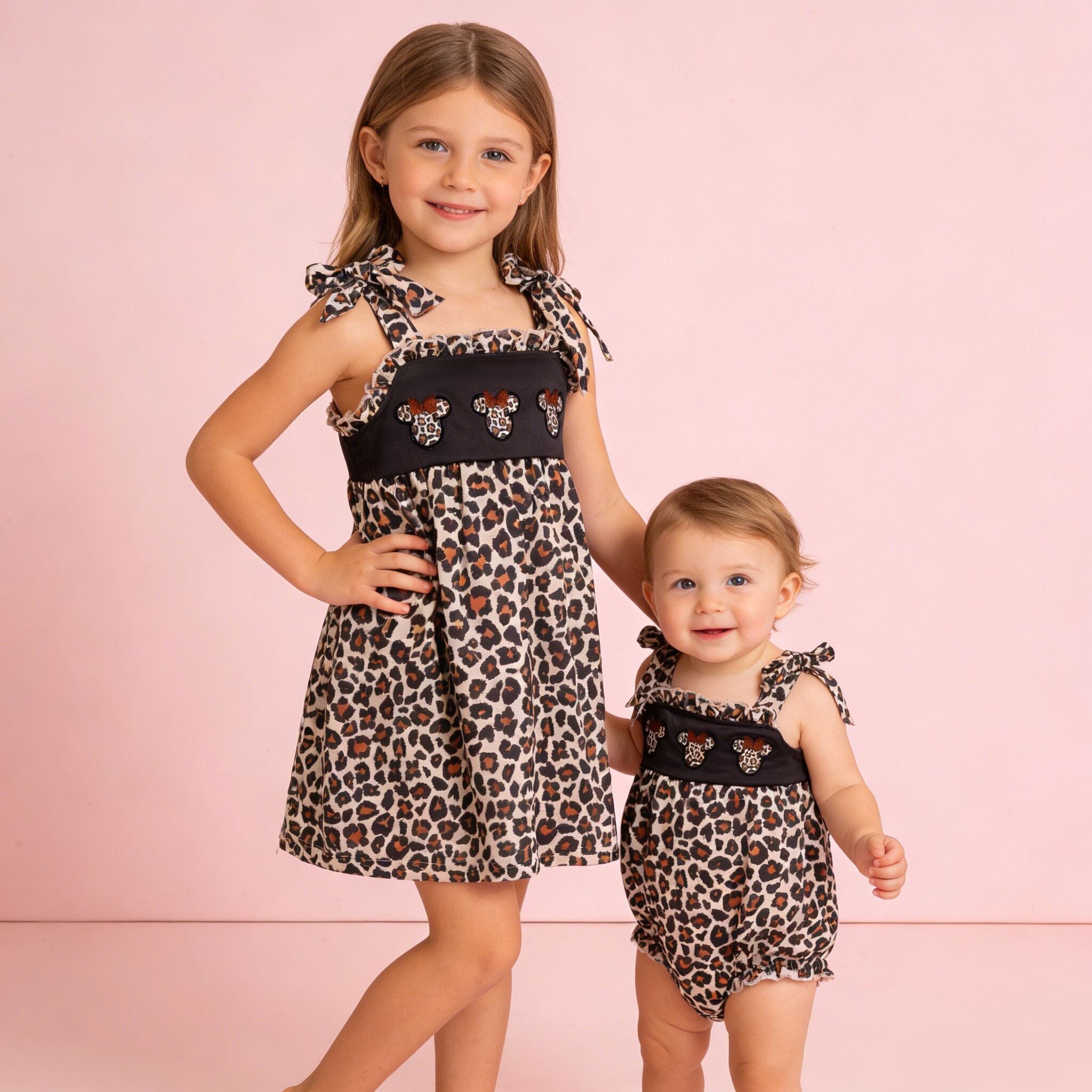 （Pre Order,Prepack Zone）Family Cartoon Applique Leopard Print Dress&Romper（Mix Size）