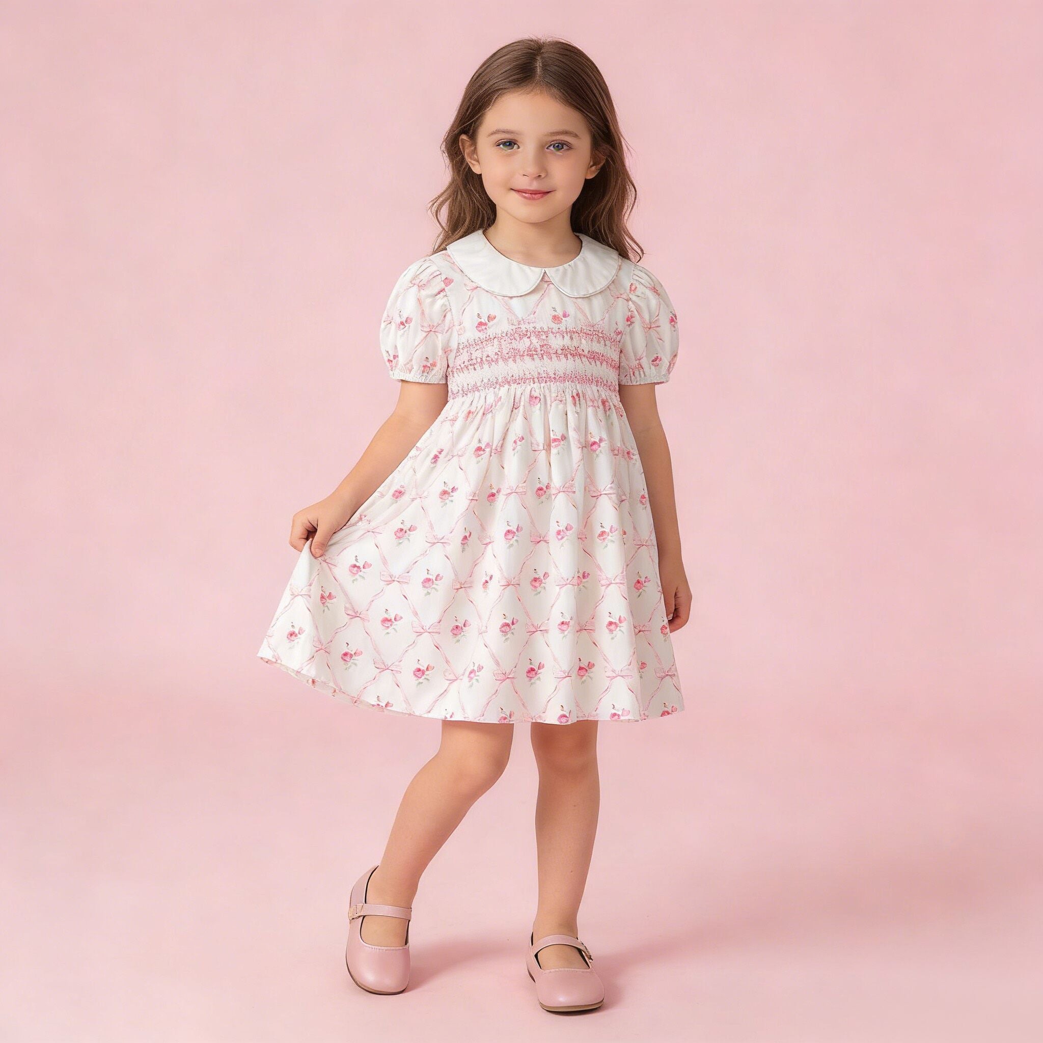 （In Production）Girls Spring&Summer Rose Print Smocked Dress