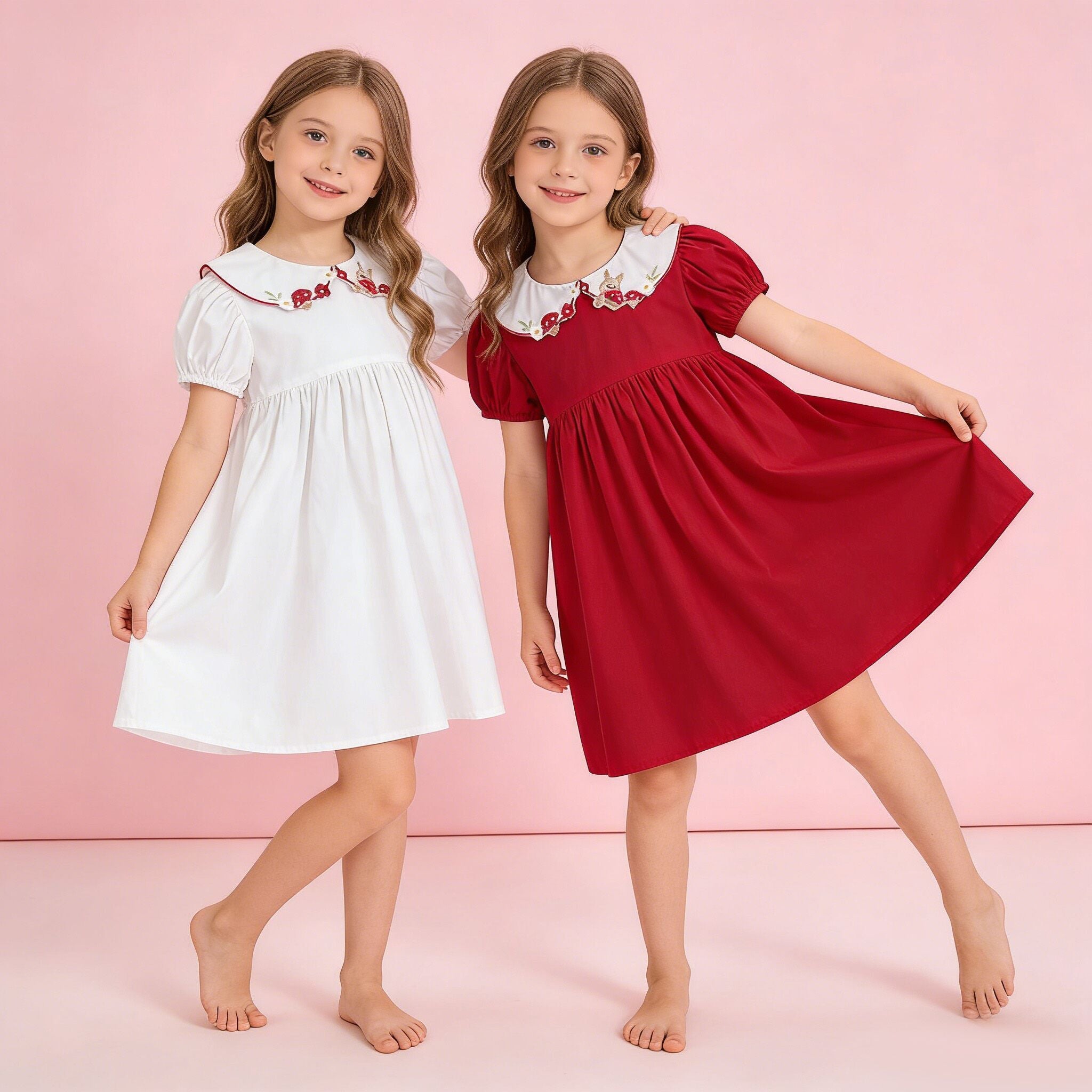 （In Production）Girls Spring&Summer Mushroom Embroidery Baby Collar Dress