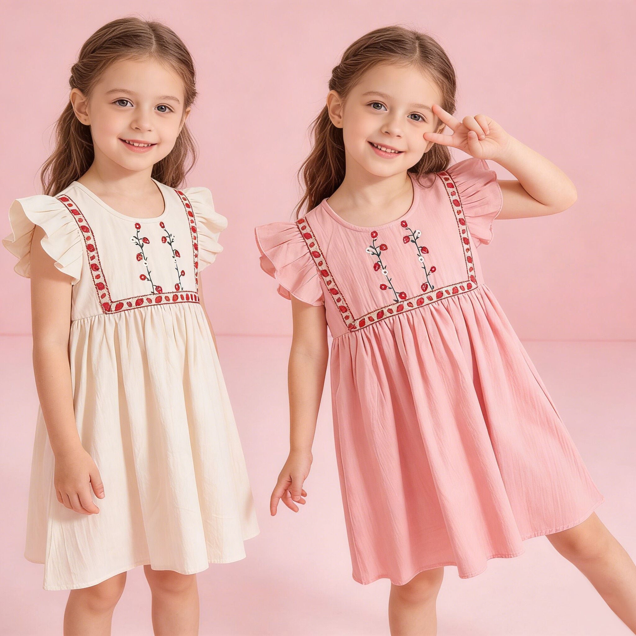 （In Production）Girls Spring&Summer Strawberry Embroidery Flying Sleeves Dress