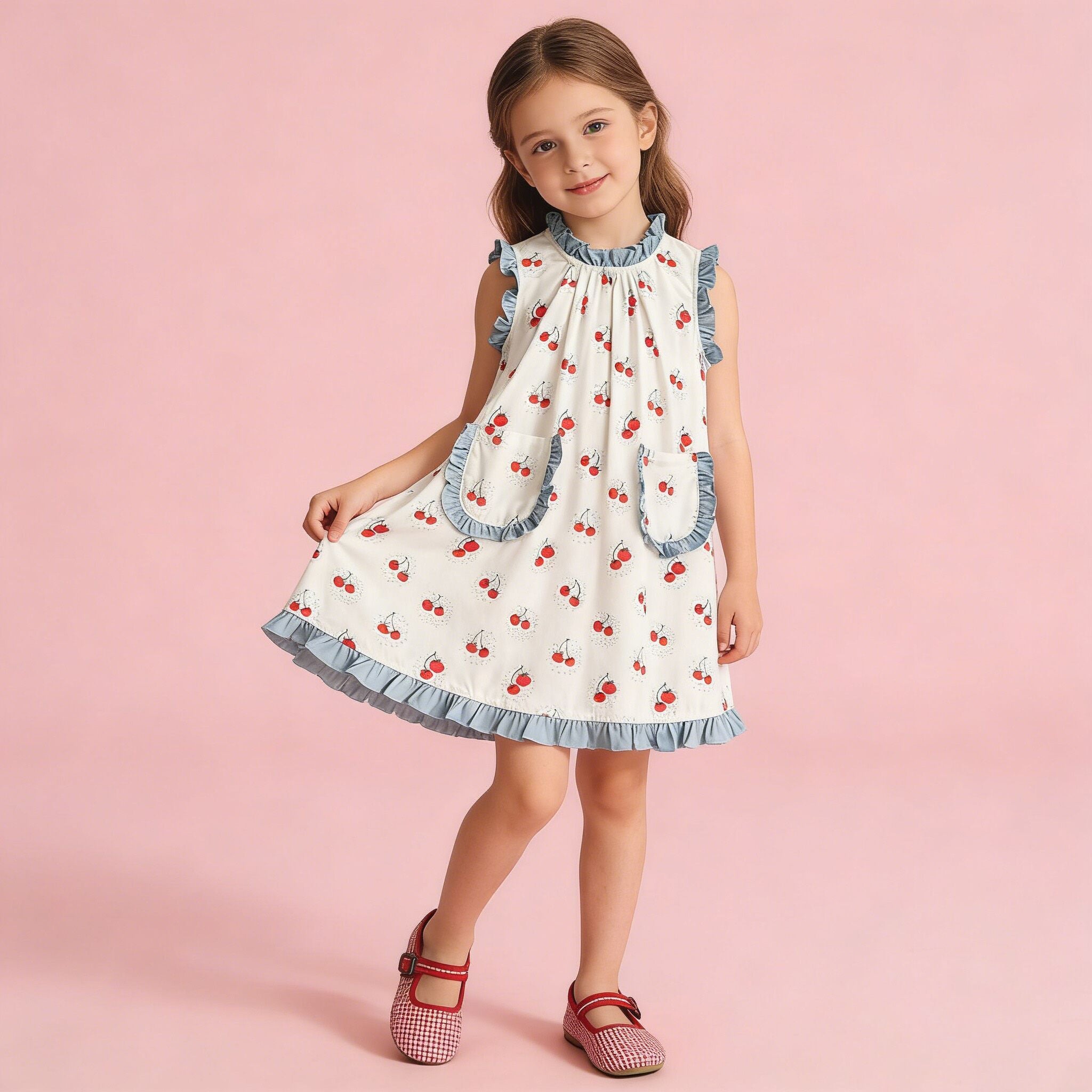 （In Production）Girls Spring&Summer Cherry Print Ruffle Dress