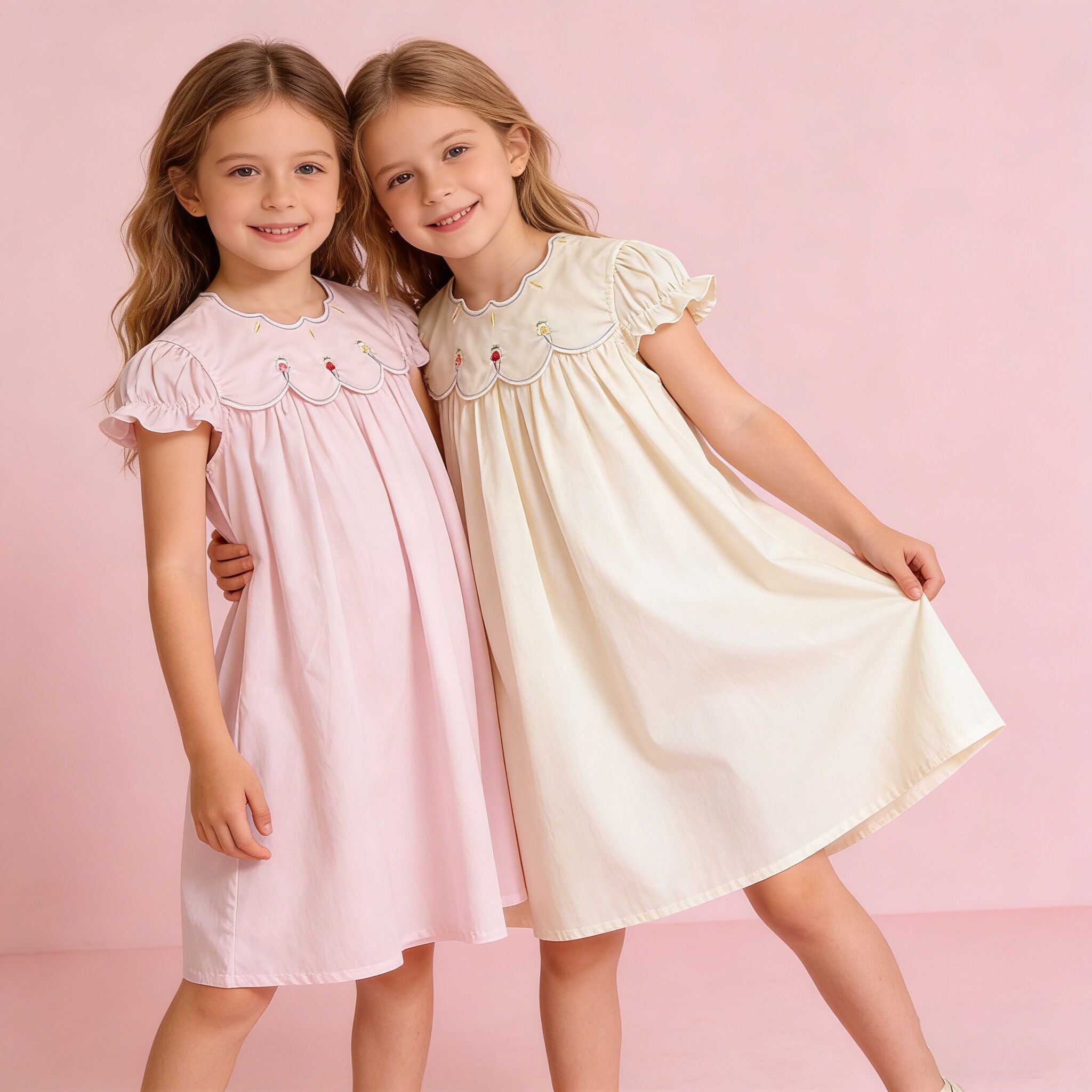 （In Production）Girls Spring&Summer Scallop Collar Embroidery Dress