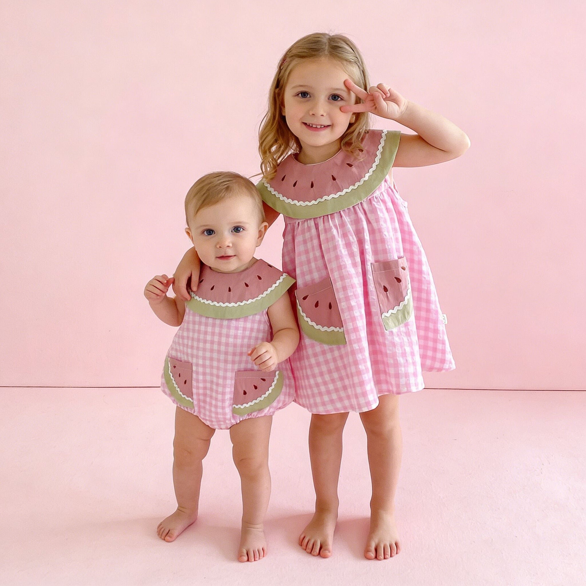 （In Production）Sisters Summer Watermelon Embroidery Scallop Dress&Romper with Pockets