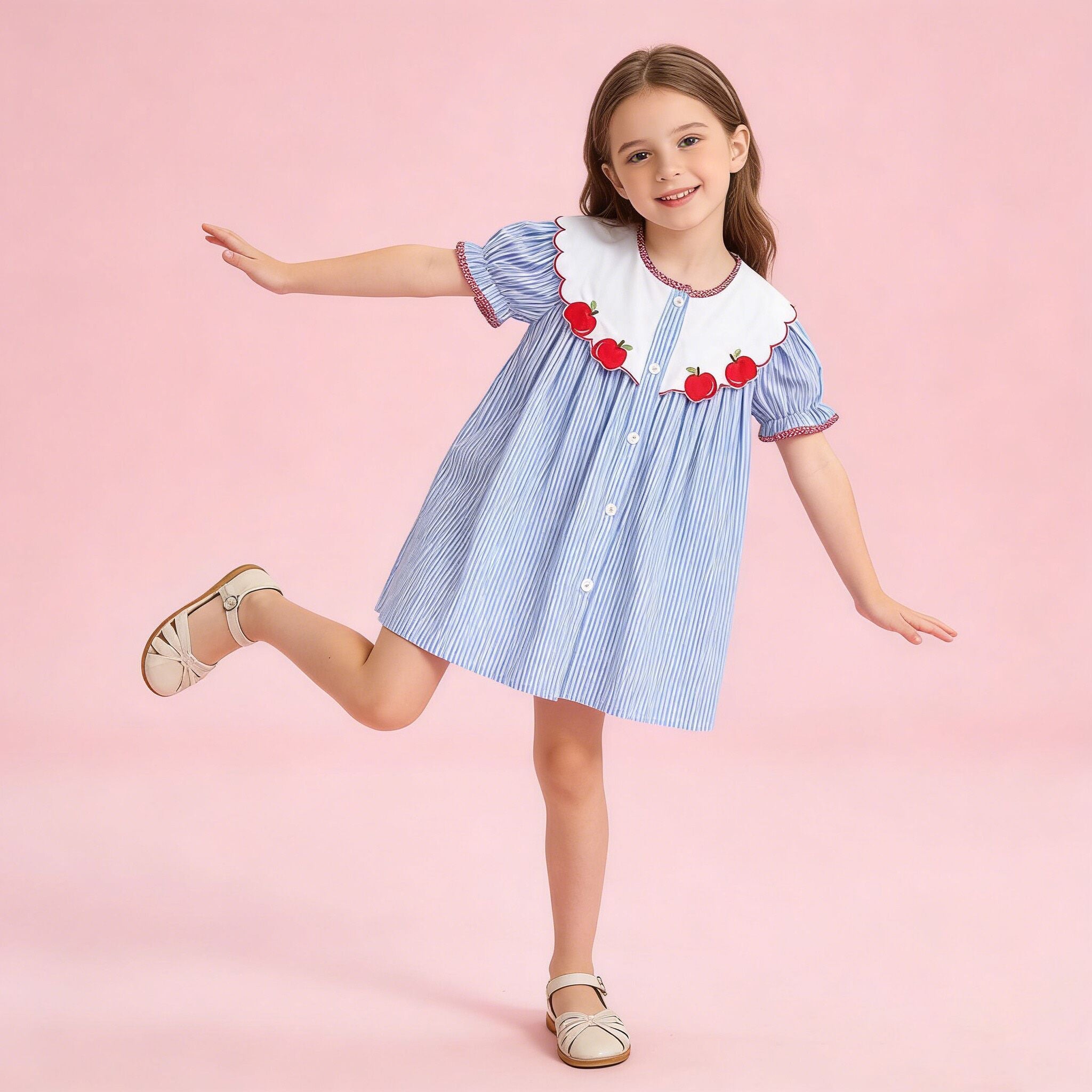 （In Production）Girls Back To School Apple Applique Cotton Dress