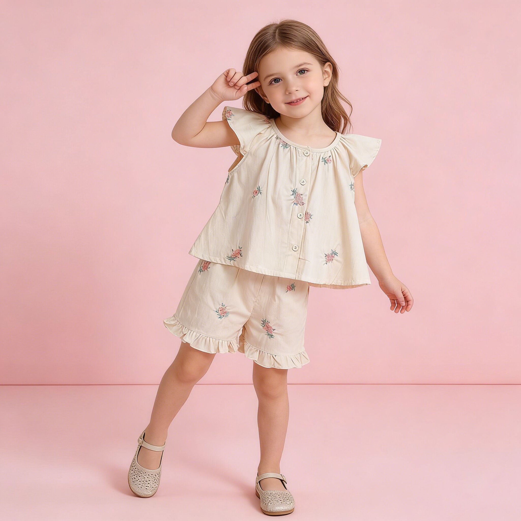 （In Production）Girls Spring&Summer Floral Embroidery Shorts Set
