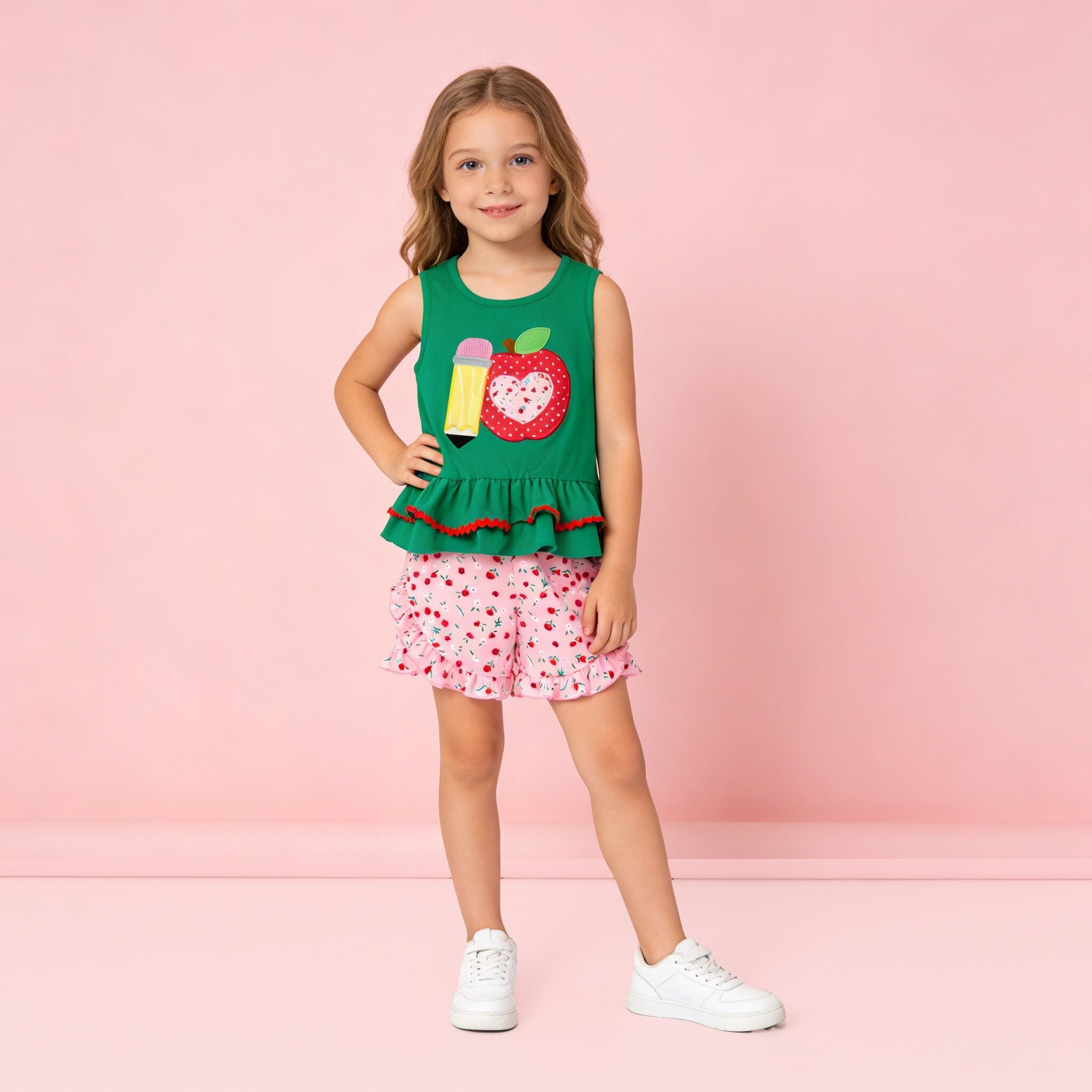 （In Stock）Girls Back To School Apple&Pencil Applique Shorts Set