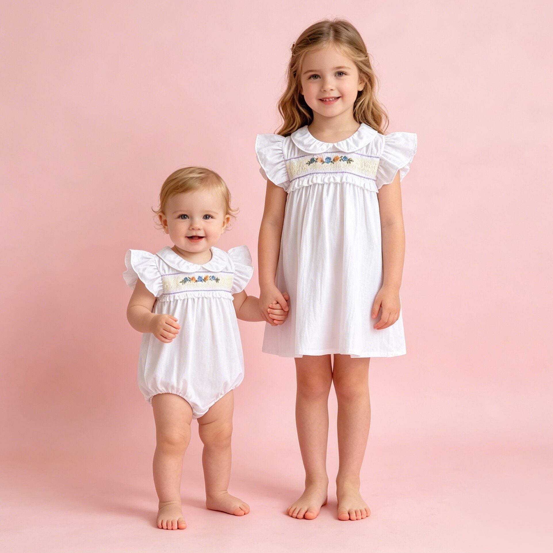 （In Production）Sisters Summer Floral Embroidery Smocked Dress&Romper