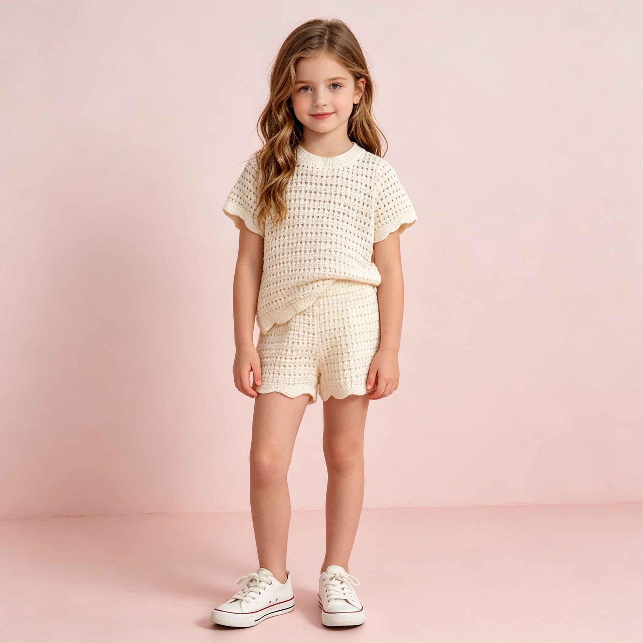 （In Production）Girls Spring&Summer Knitted Scallop Shorts Set