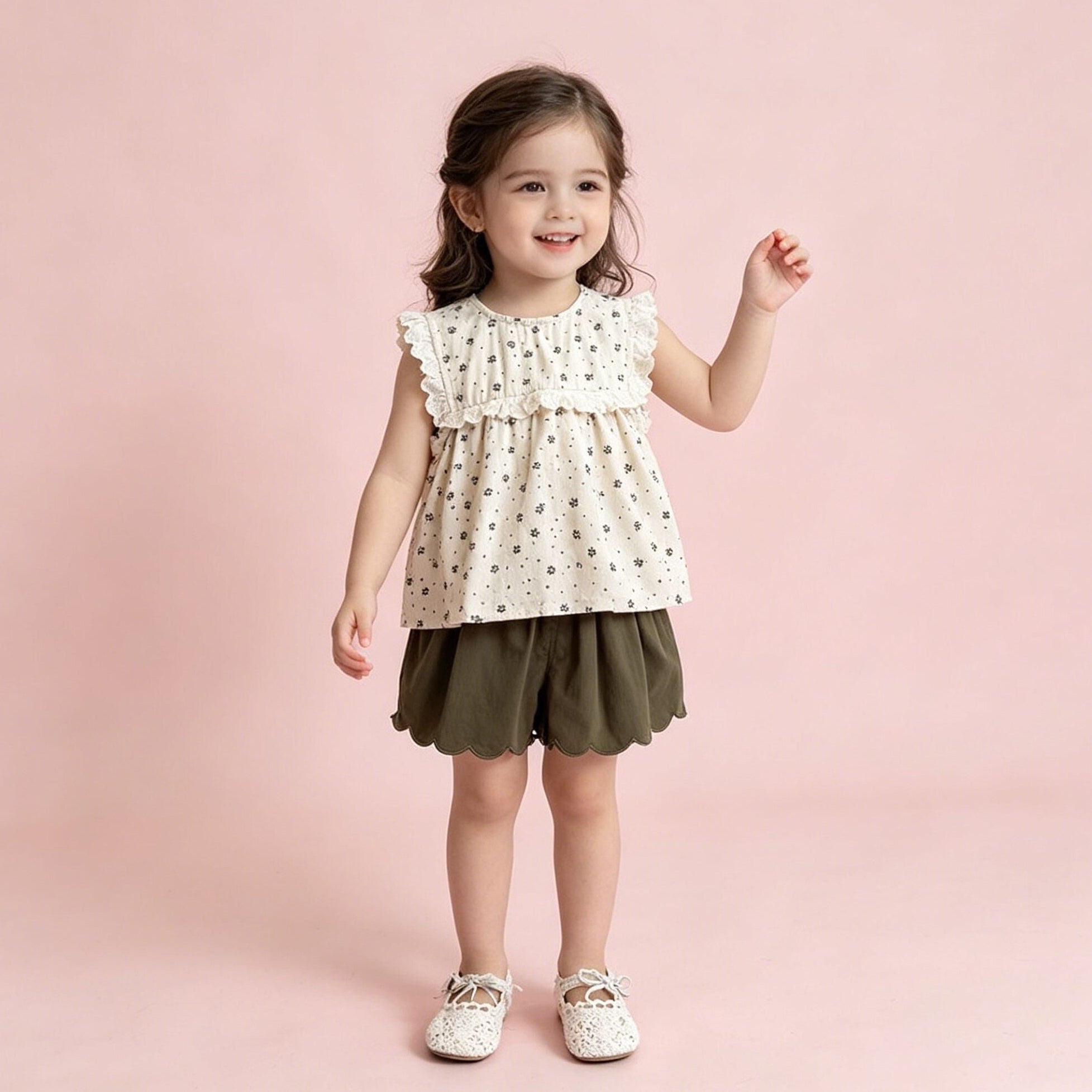 （In Production）Girls Spring&Summer Ruffle Scallop Embroidery Shorts Set
