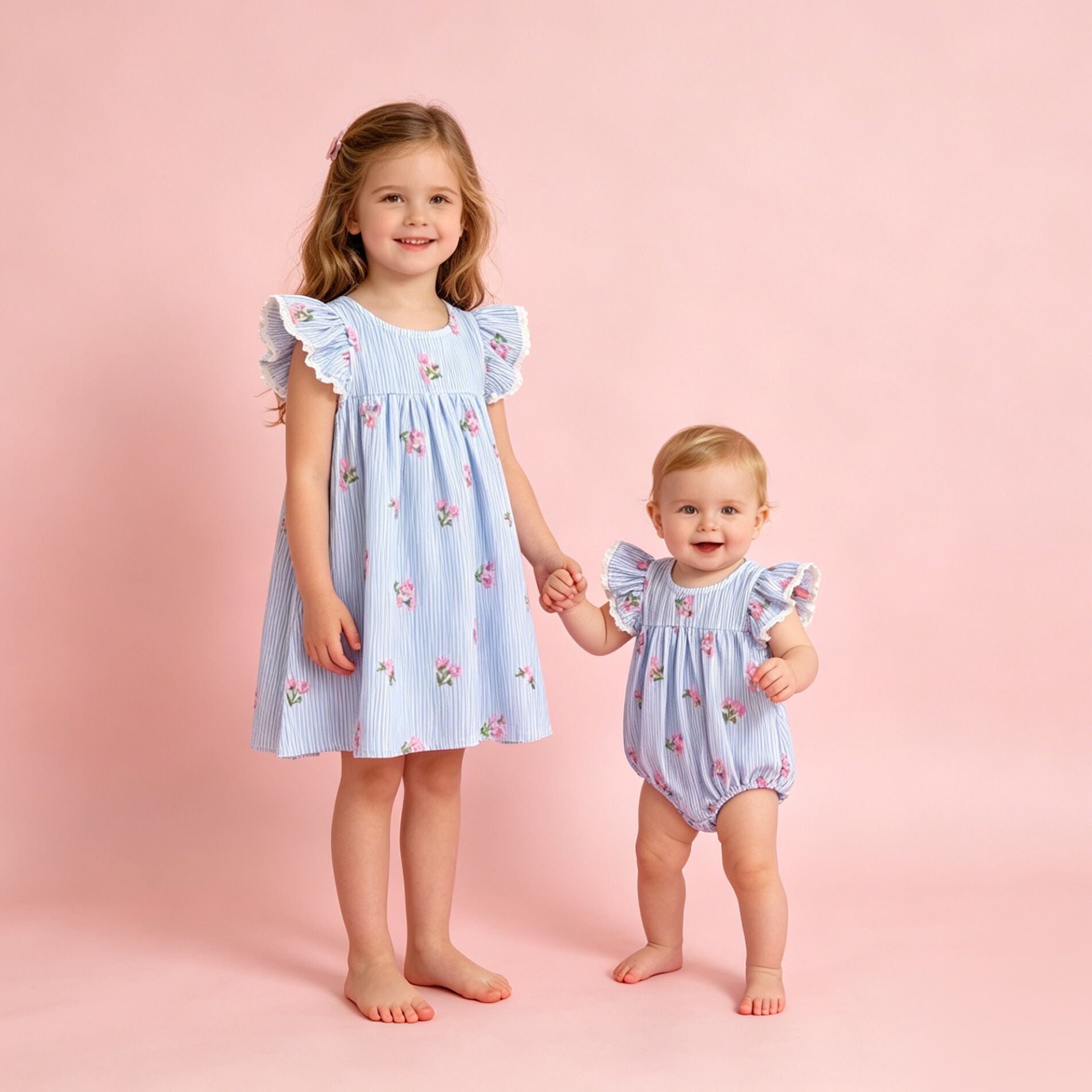 （In Production）Sisters Summer Floral Embroidery Flying Sleeves Dress&Romper