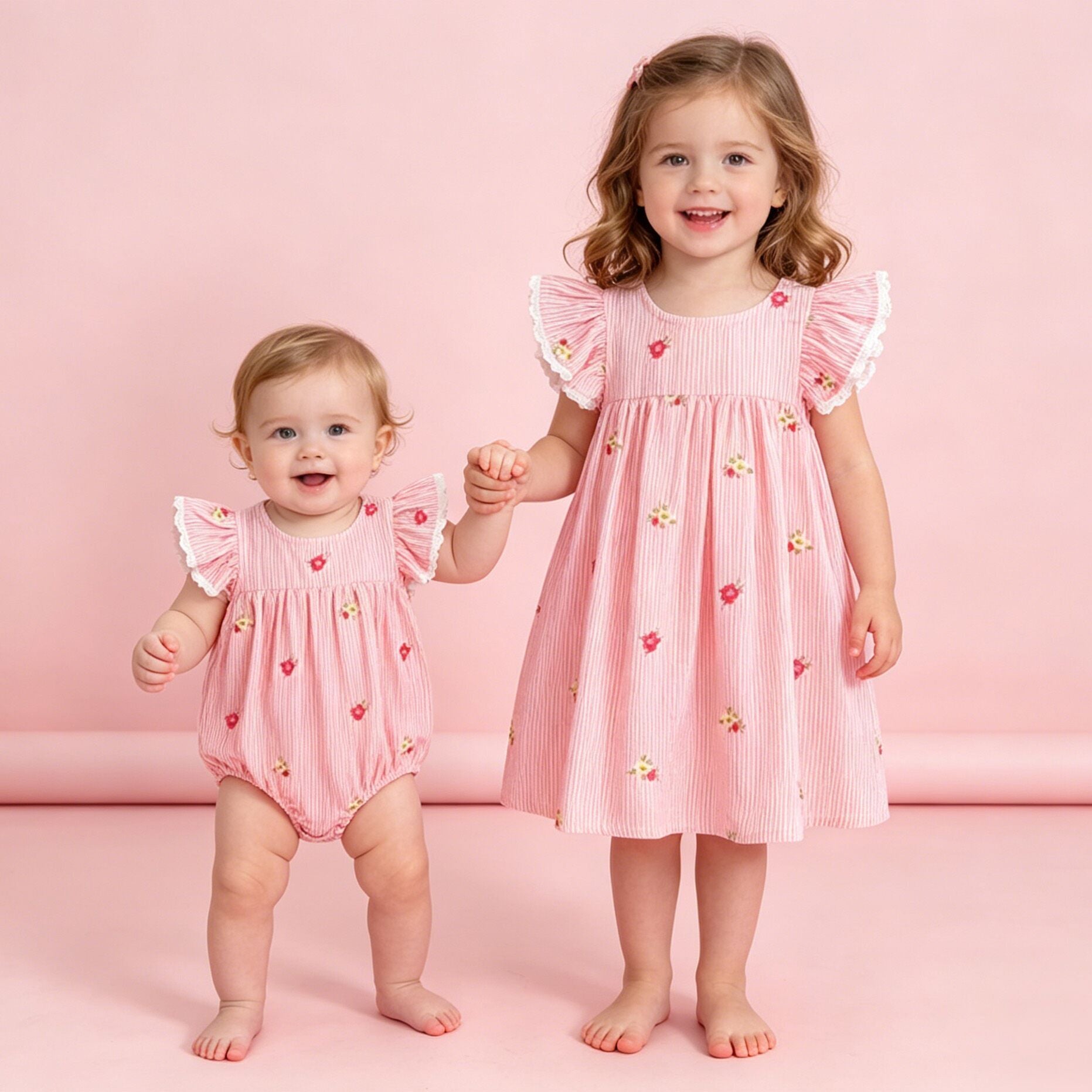 （In Production）Sisters Summer Floral Embroidery Flying Sleeves Dress&Romper