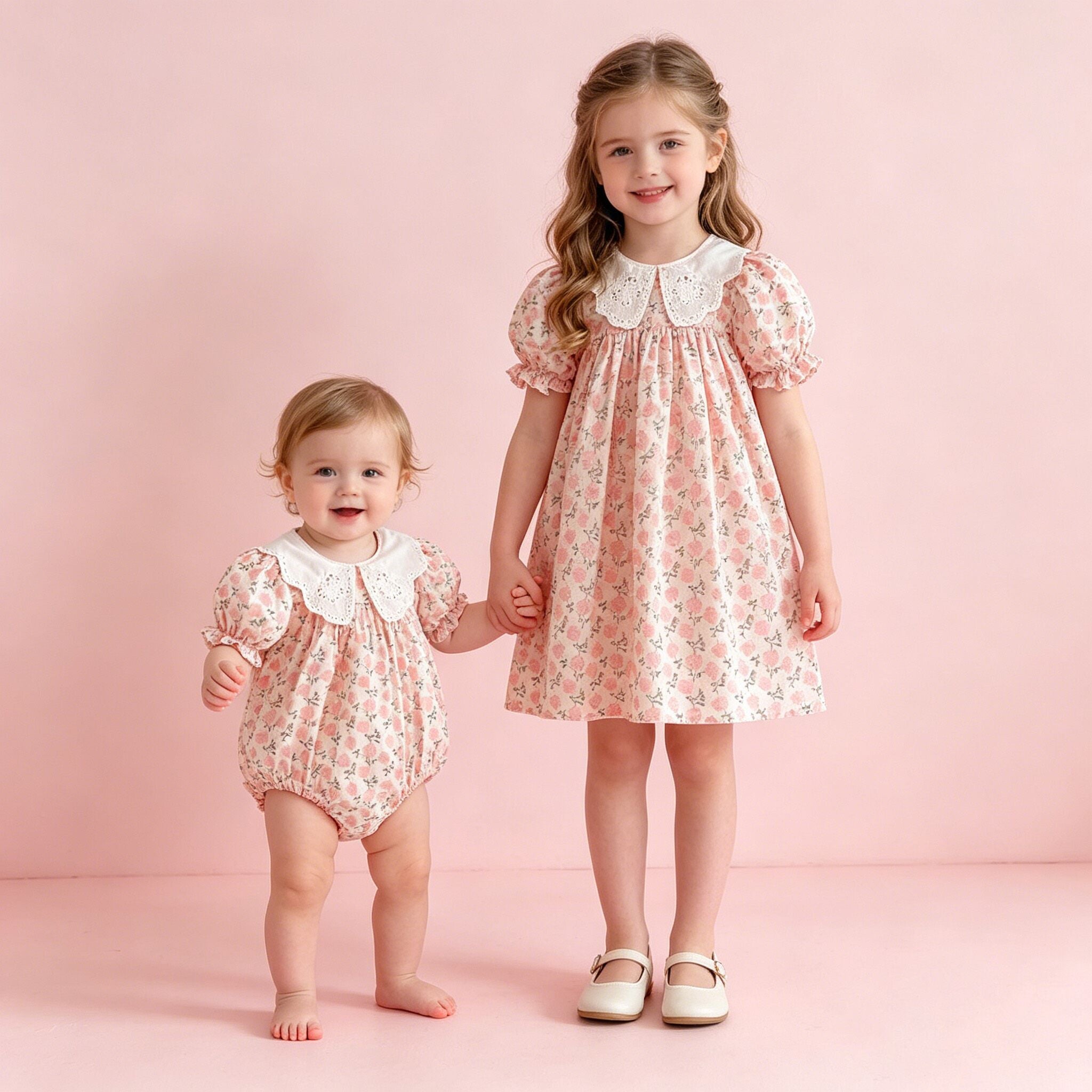 （In Production）Sisters Summer Rose Print Baby Collar Dress&Romper