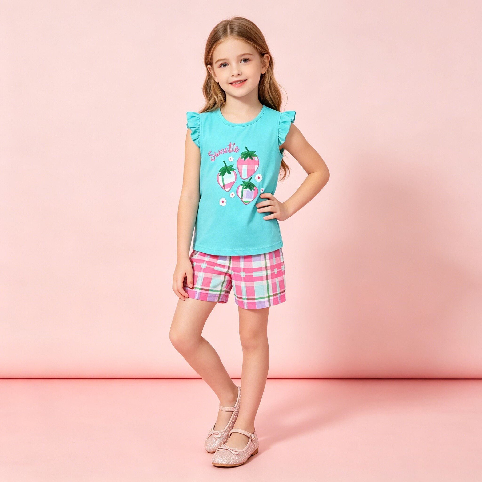 （In Production）Girls Spring&Summer Strawberry Applique Cotton Shorts Set