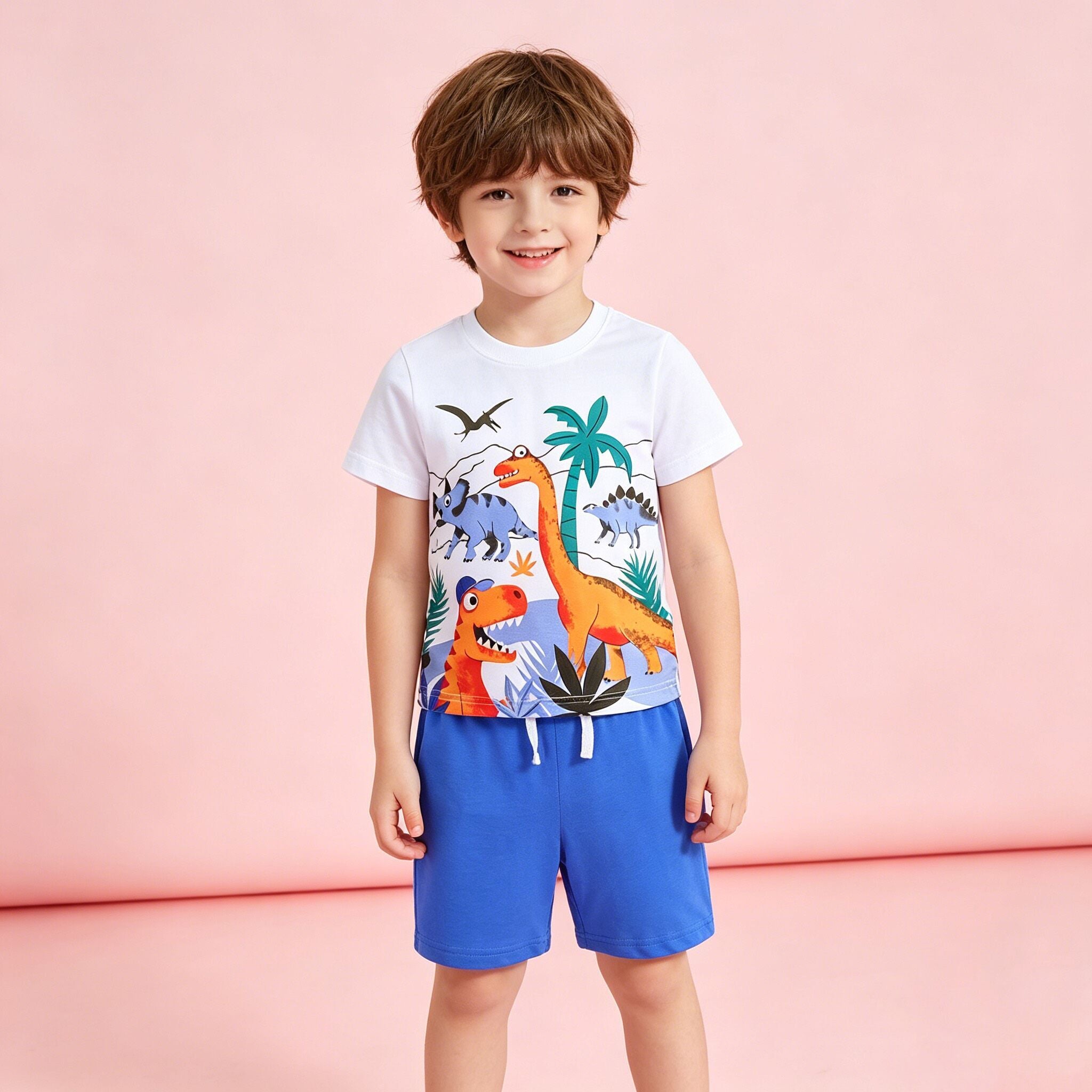 （In Production）Boys Spring&Summer Dino Print Cotton Shorts Set
