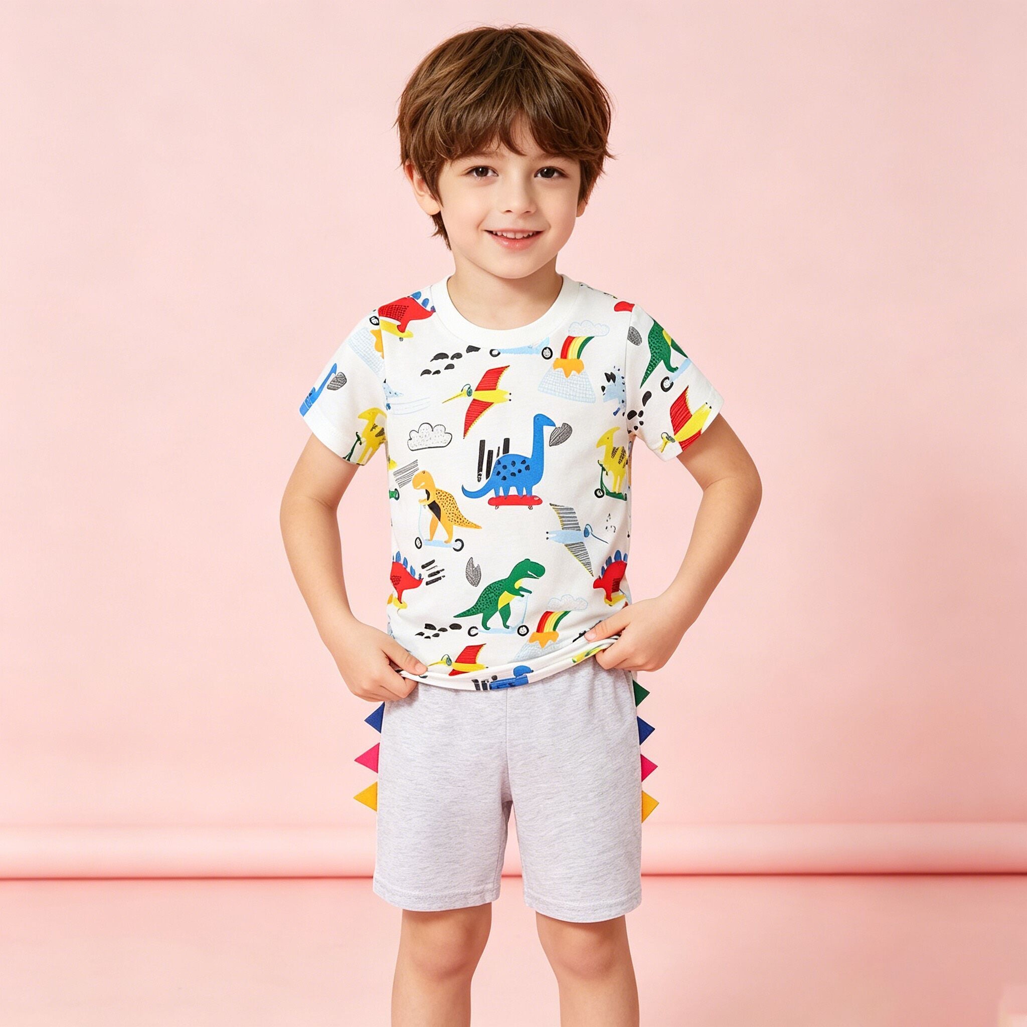 （In Production）Boys Spring&Summer Dino Print Cotton Shorts Set