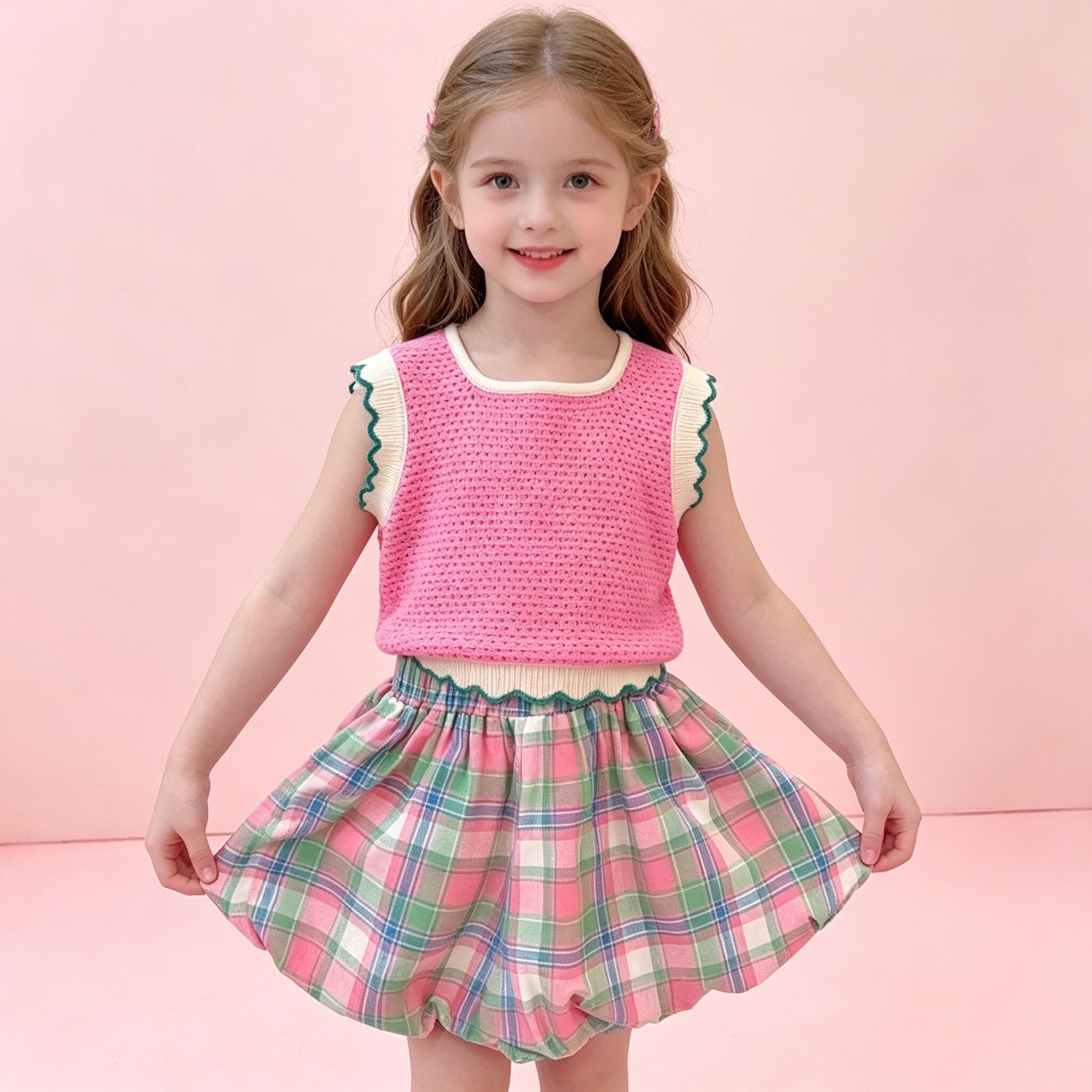 （In Production）Girls Spring&Summer Knitted Scallop Vest Plaid Shorts Set
