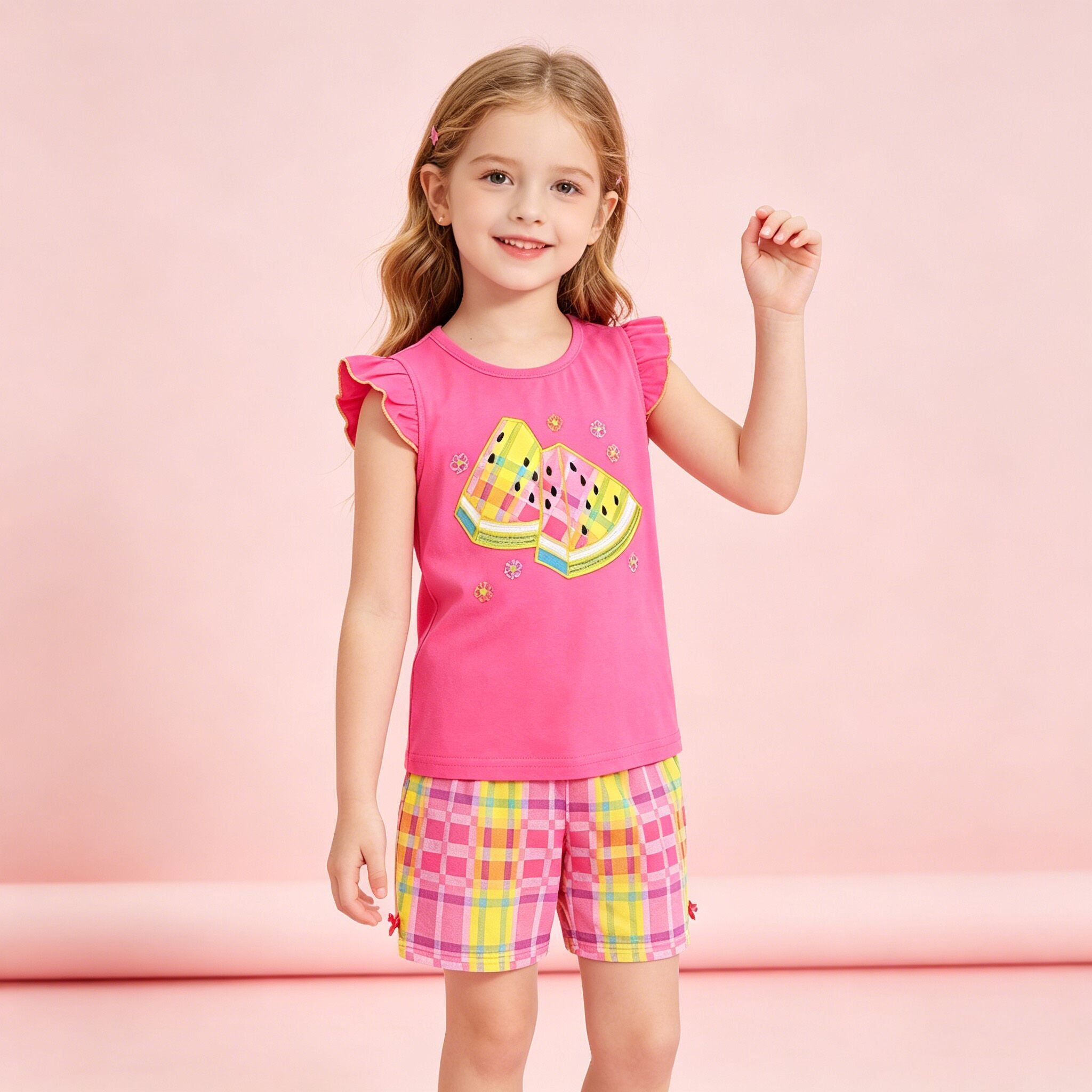（In Production）Girls Spring&Summer Watermelon Applique Cotton Shorts Set