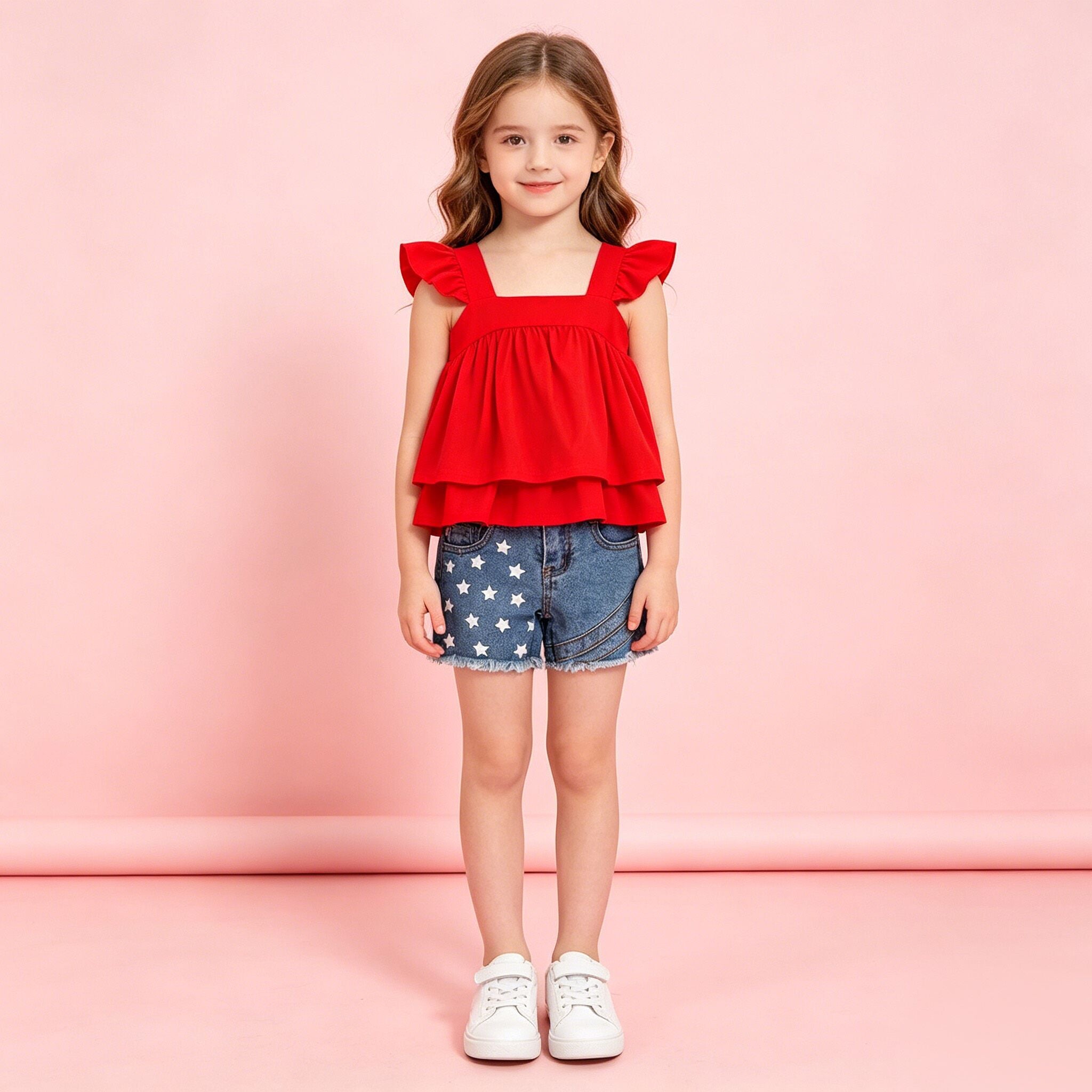（In Stock）Girls Summer Patriotic Denim Shorts Set